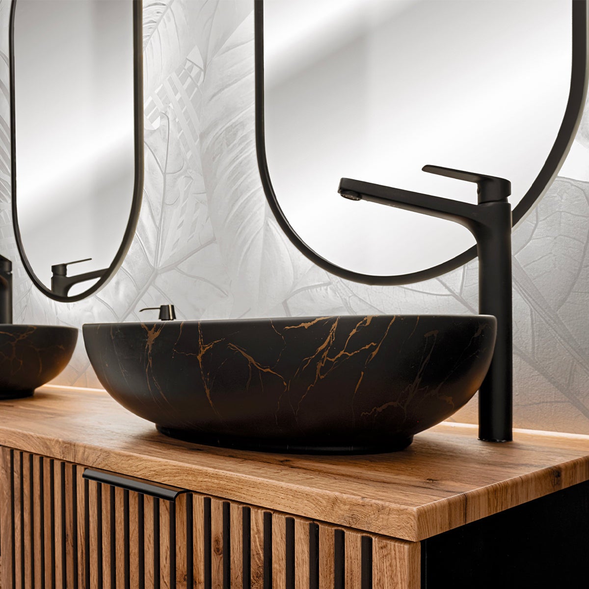 Ensemble meuble double vasque 140cm 2 niches et colonne Gaia Bois et Noir - Vasque Noir - 8
