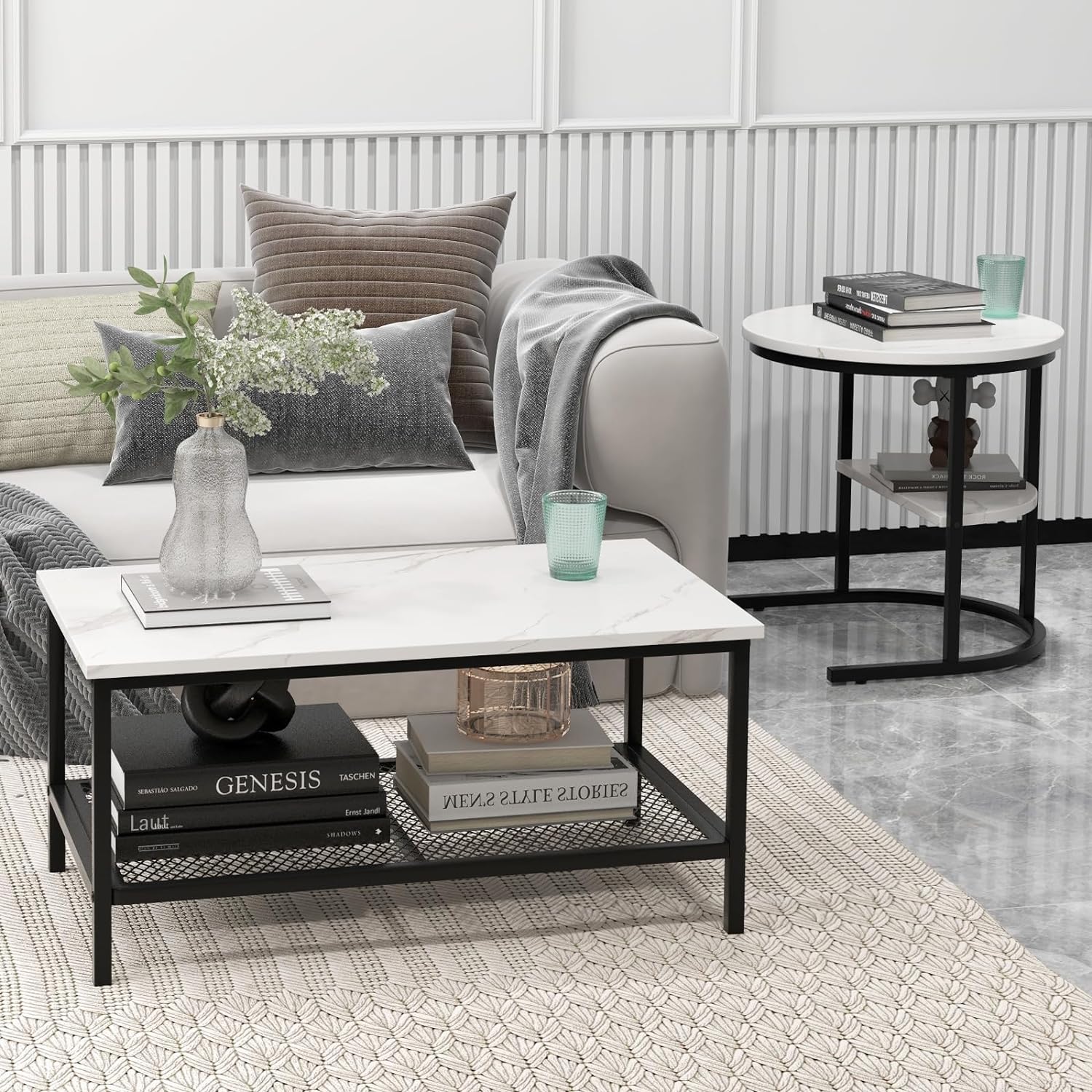 Juego de 2 mesas con mesa rectangular extraíble y mesa redonda, de imitación de mármol blanco, mesa auxiliar moderna para salón, blanco y negro - 9