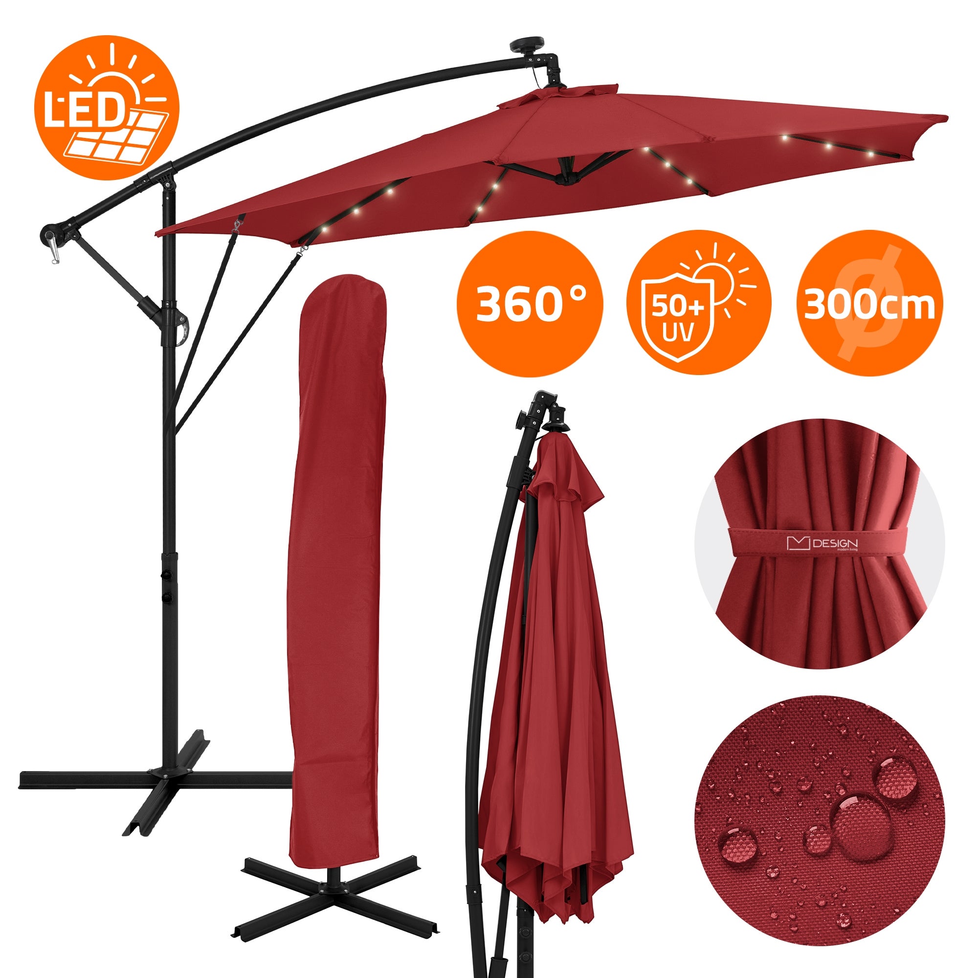 ML-Design parasol wiszący ogrodowy 300 cm LED Solar czerwony aluminiowy z korbką UV50+ wodoodporny obracany 360 stopni z pokrowcem i stojakiem