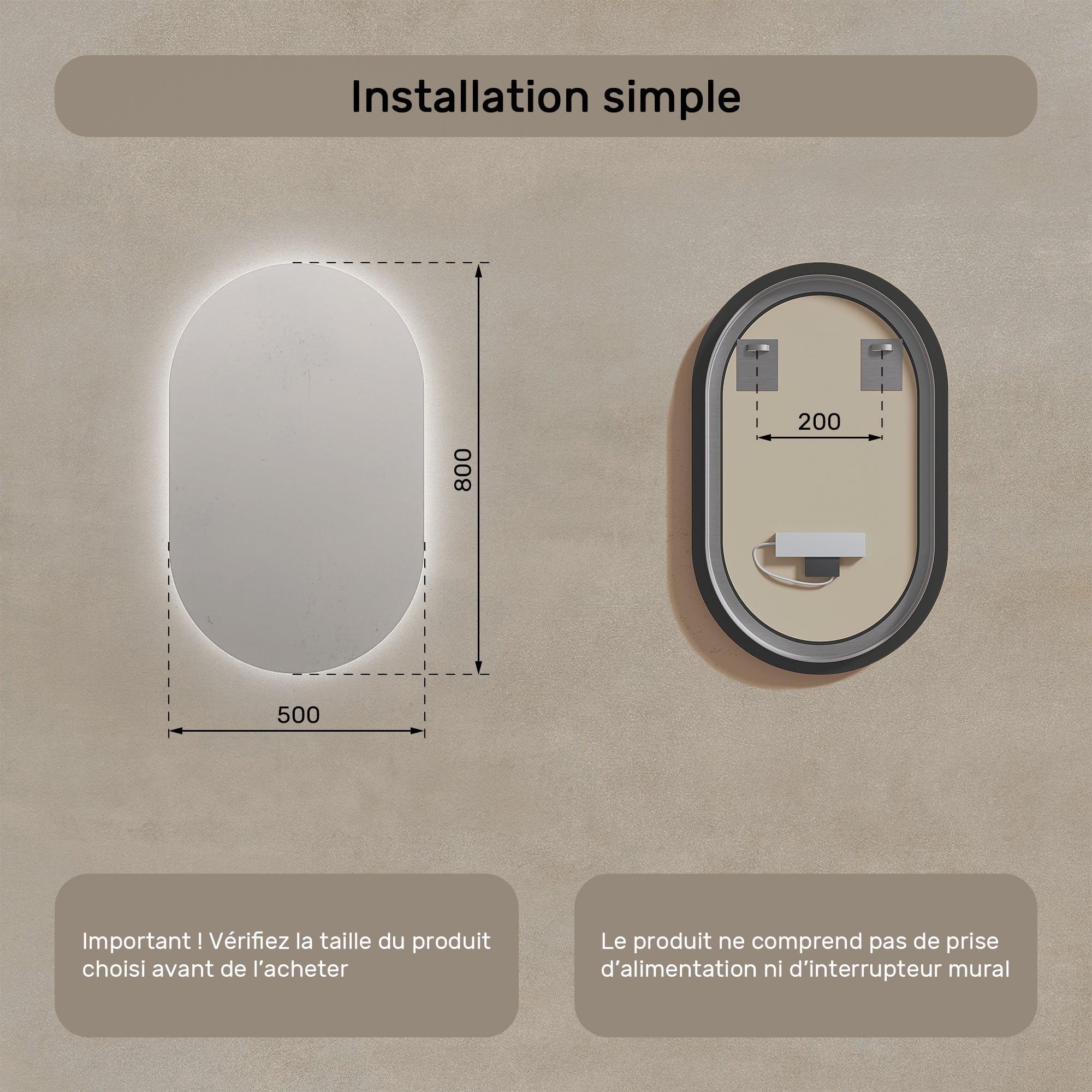 Lustro z oświetleniem łazienkowym LED (50x80cm) Jasne lustro LED z oświetleniem (TST106) Chłodna biel 6500K - 7