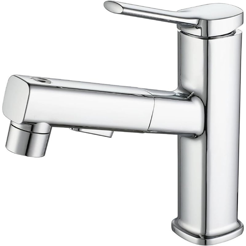 Bateria łazienkowa, trójdrożny przepływ wody (strumień, fontanna), wyciągana wylewka (srebrna)