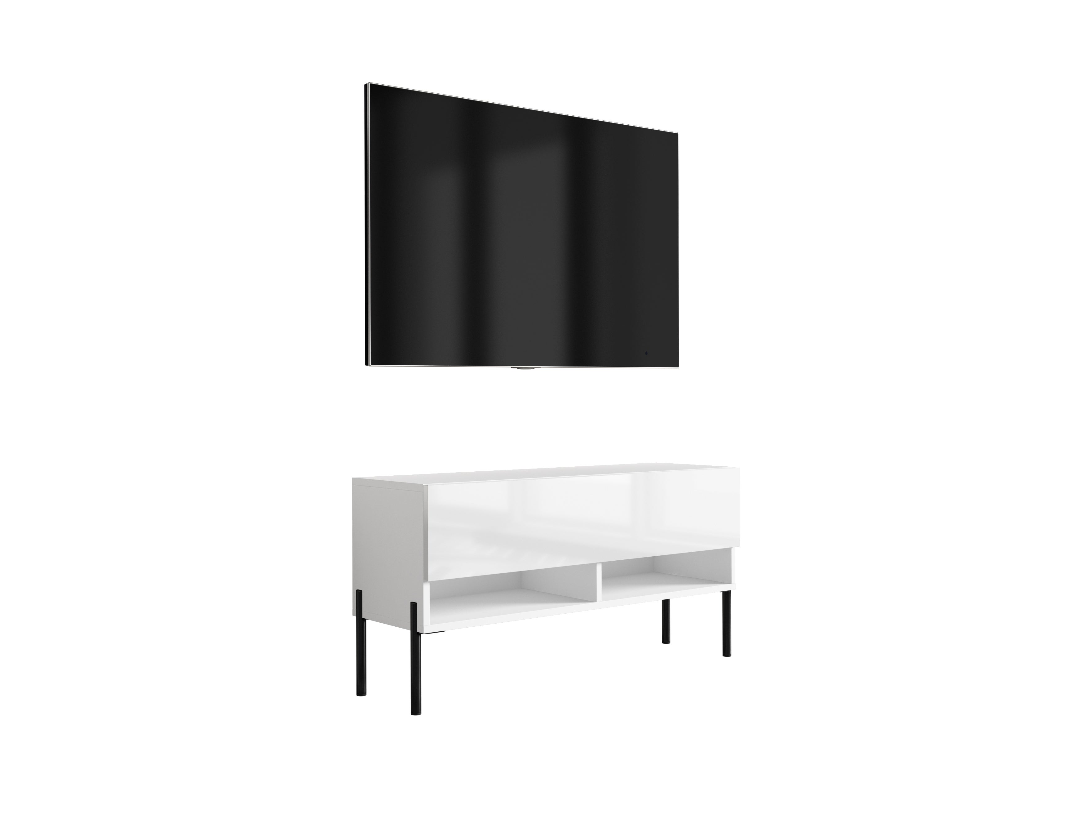 Szafka RTV : Biały Mat / Biały Połysk, nóżki proste czarne, 100 × 32 × 52 cm