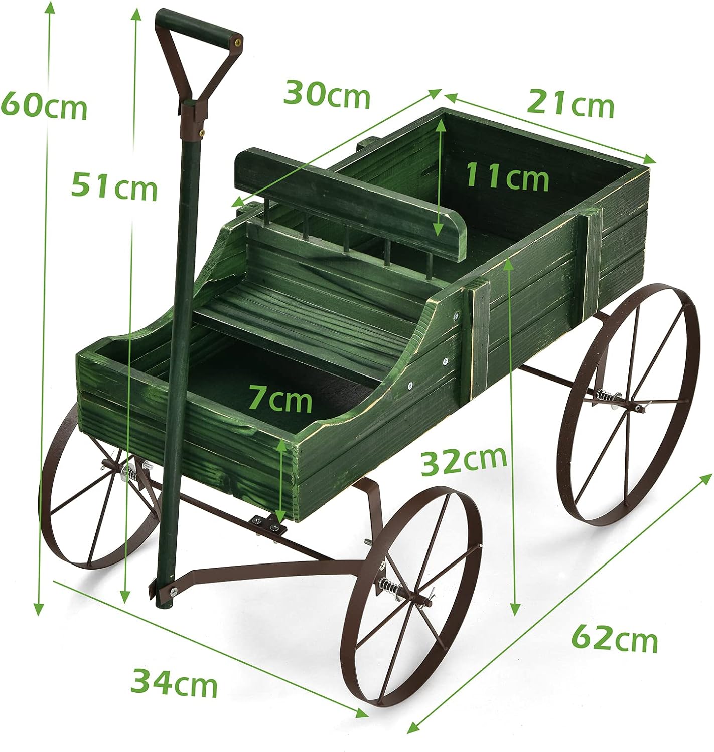 Brouette décorative en bois avec 2 compartiments à planter roues poignée charge 15kg vert - 3