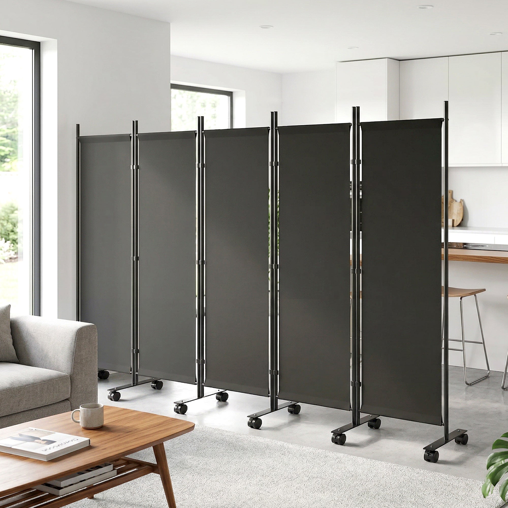 Écran pliant 5 panneaux, 12 roues, 252x170 cm, séparateur pièce personnalisé, noir - 4