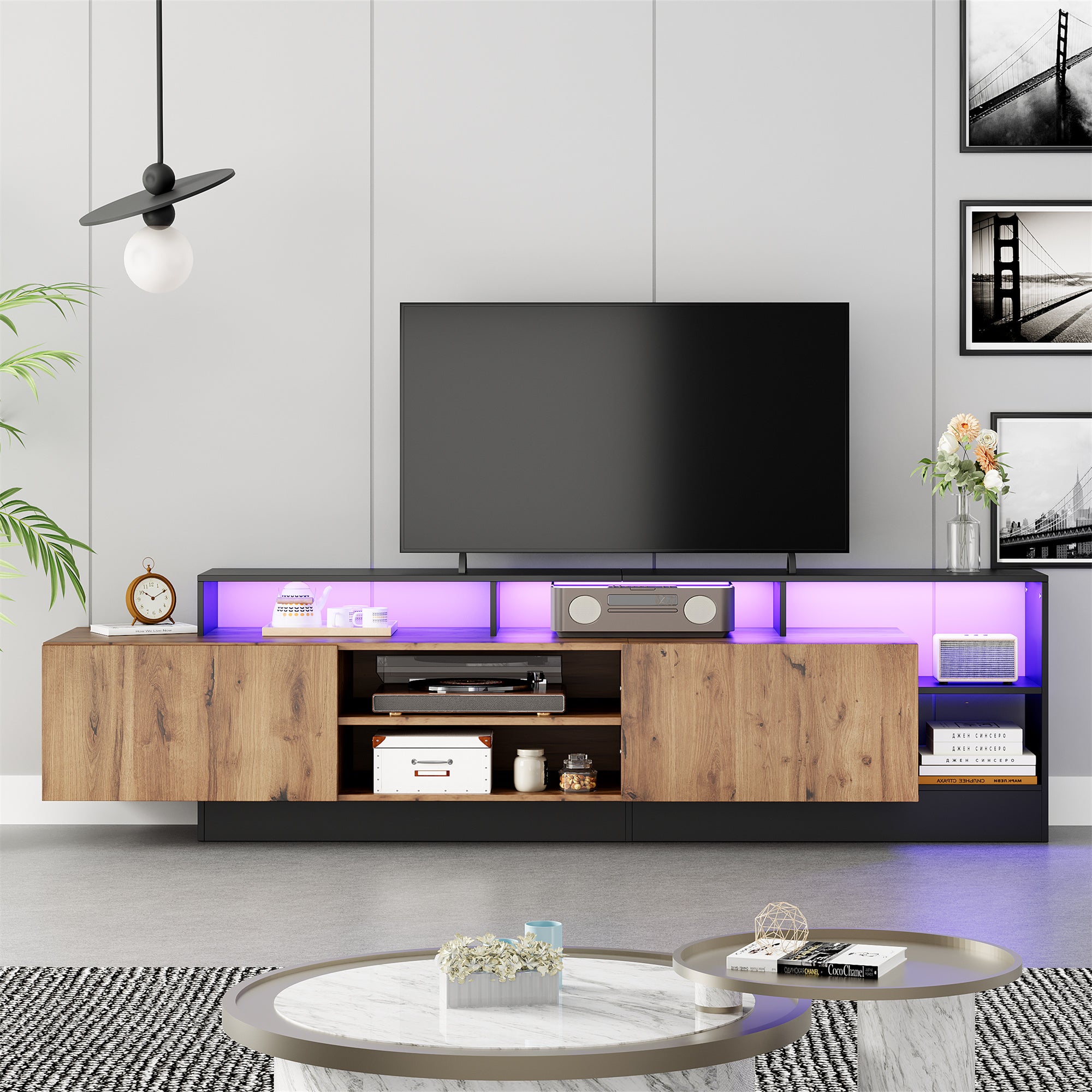 Szafka RTV z 2 drzwiami i półkami - 190 x 40 x 48,5 cm - diody LED - płyta wiórowa - dąb i czerń