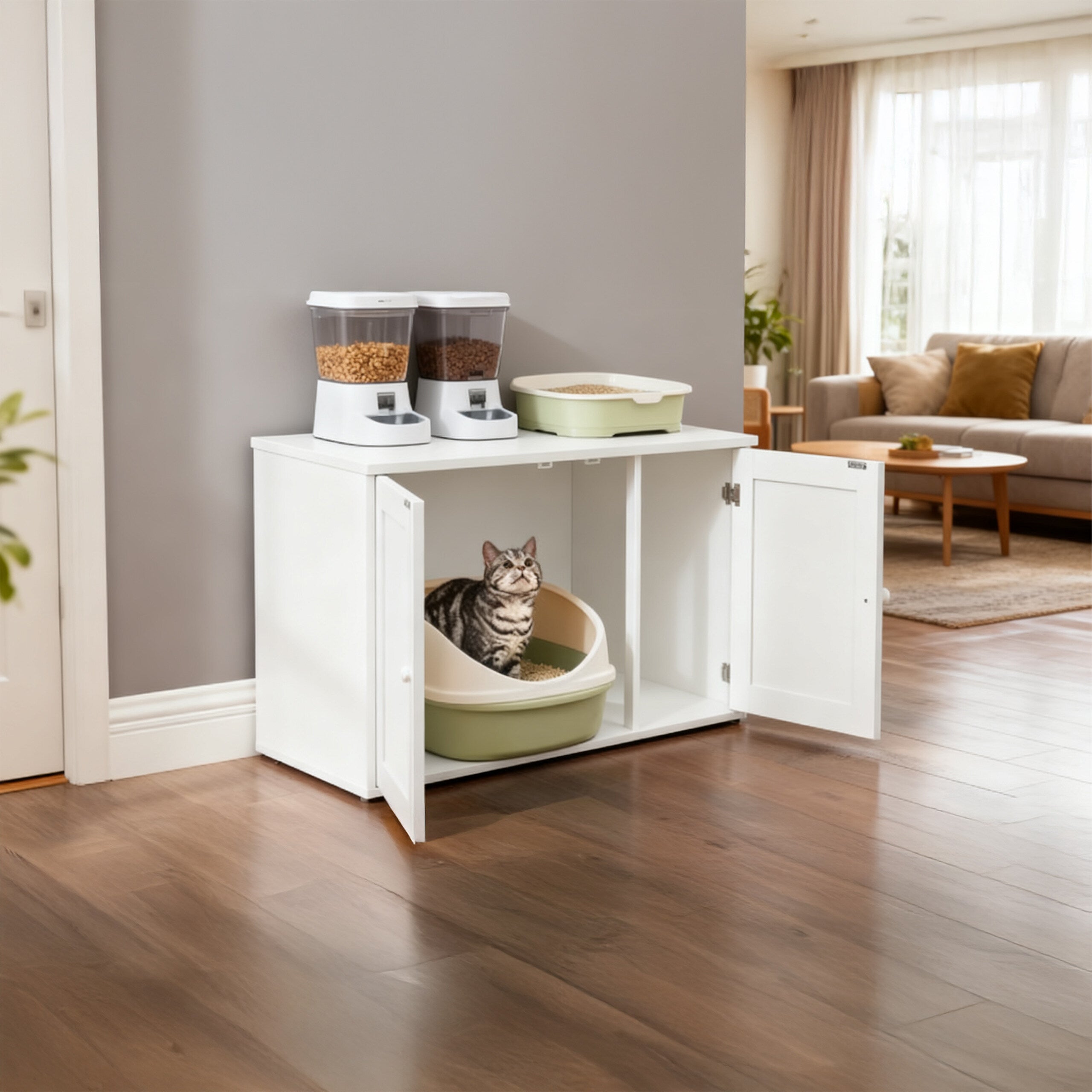 Armário para caixa de areia para gatos com divisória amovível e entrada lateral, MDF branco, 50 x 80 x 53 cm, Relaxdays - 3