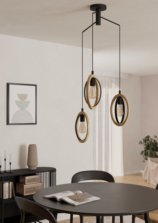 Lampadario Basildon, vintage, 3 luci a grappolo, acciaio nero e legno FSC, per zona pranzo, soggiorno e camera da letto, E27 Ø61,5 H130 cm - EGLO
