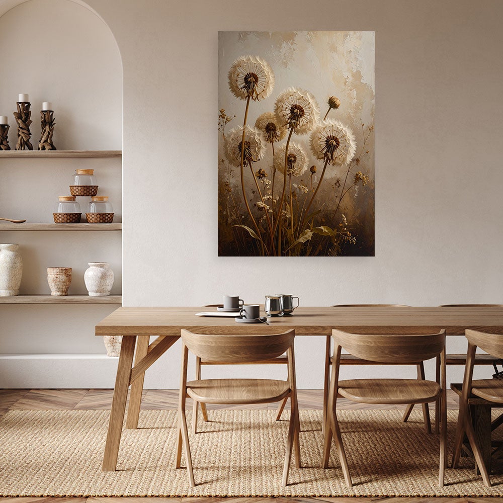 Obraz pionowy do salonu biura kuchni, Dmuchawce kwiaty beżowy 60x90 - 2