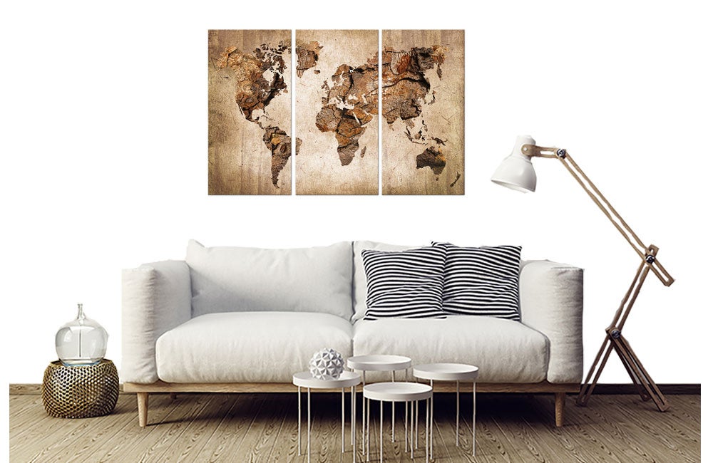 Tableau triptyque carte du monde couleur bois - 90x60 cm - 2