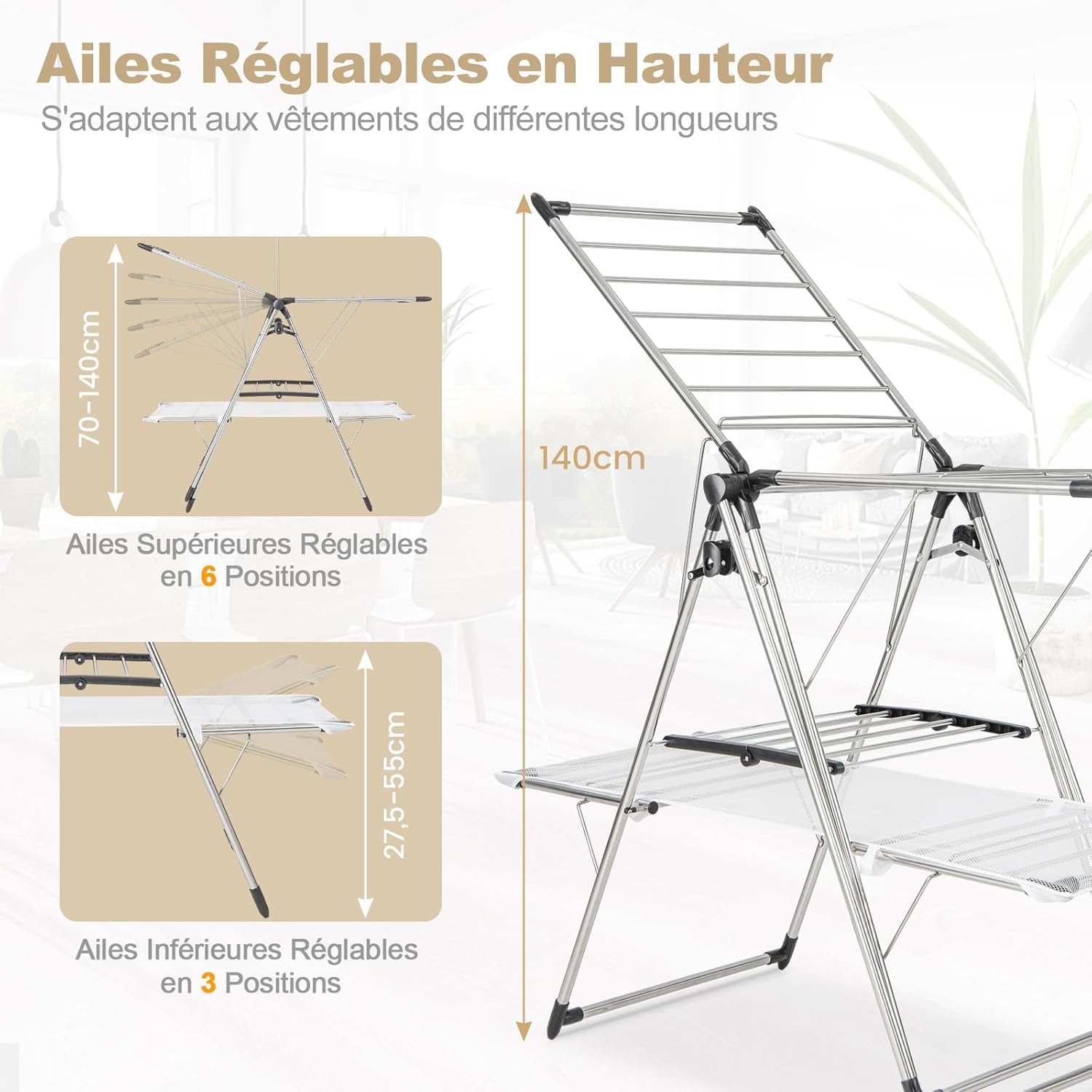 Étendoir Linge Intérieur,en Acier Inox, Cintre Haut 182 cm, Grand Filet de Séchage, Tancarville Linge Solide Réglable 70-140 cm - 4