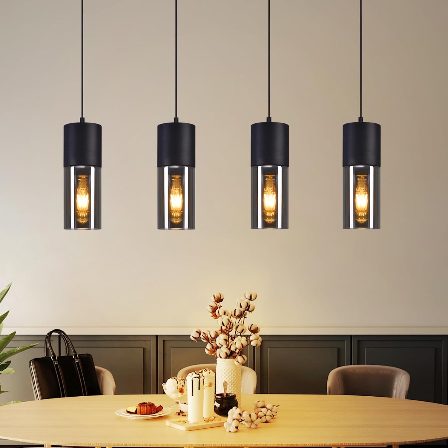 ZMH Czarna lampa wisząca do jadalni z 4 źródłami światła i gniazdem E27; lampa wisząca do kuchni/korytarza