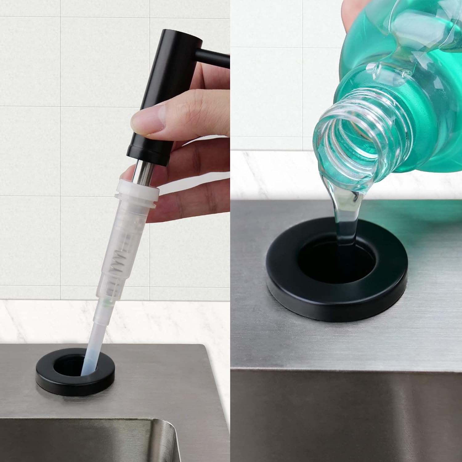 Distributeur de savon encastrable pour cuisine et salle de bain avec pompe en acier inoxydable, remplissage par le haut, noir - 3