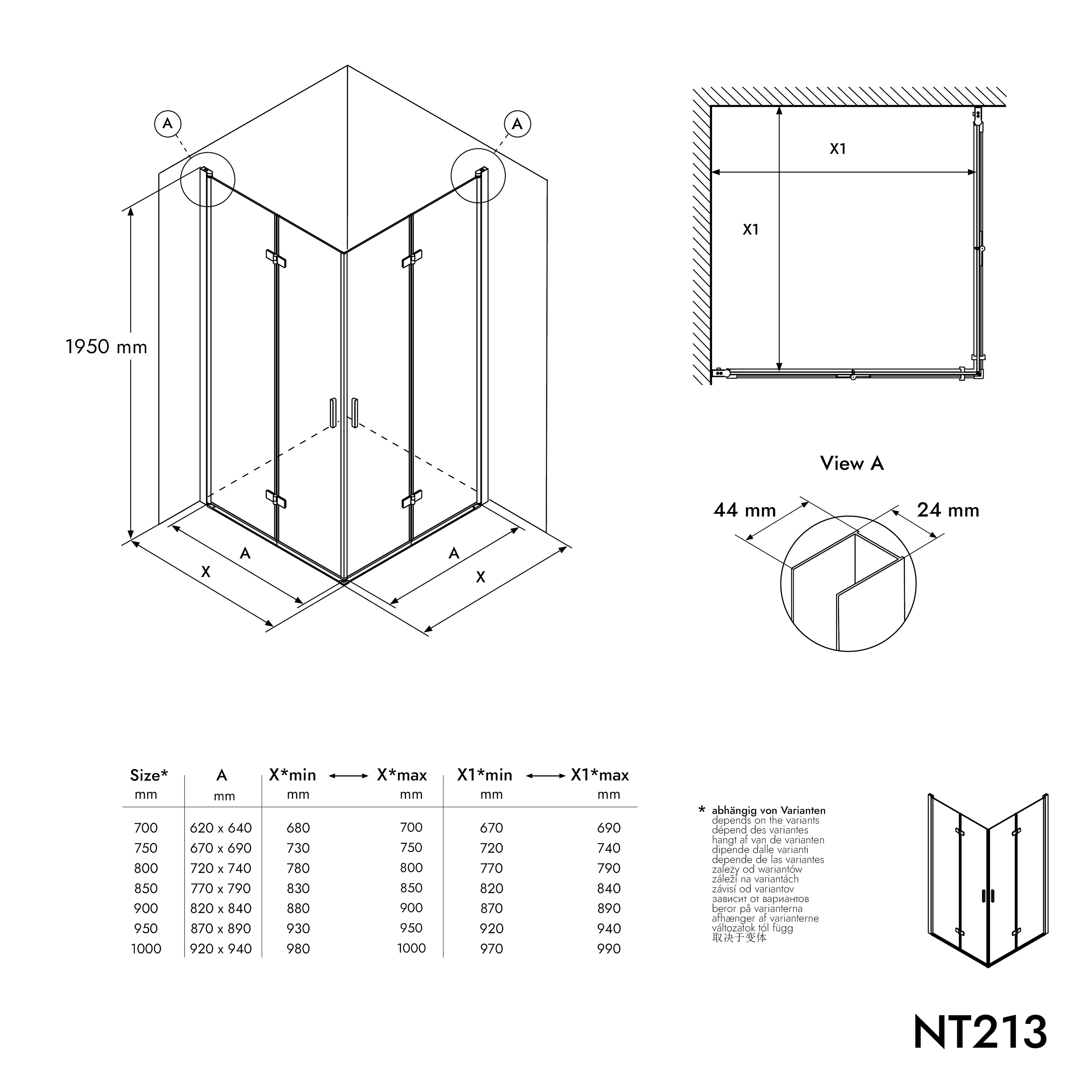 BERNSTEIN - Cabine de douche d'angle 90x90x190cm (LxPxH) verre 8mm, 2 portes pliantes, Profilé chrome - NT213 - 5