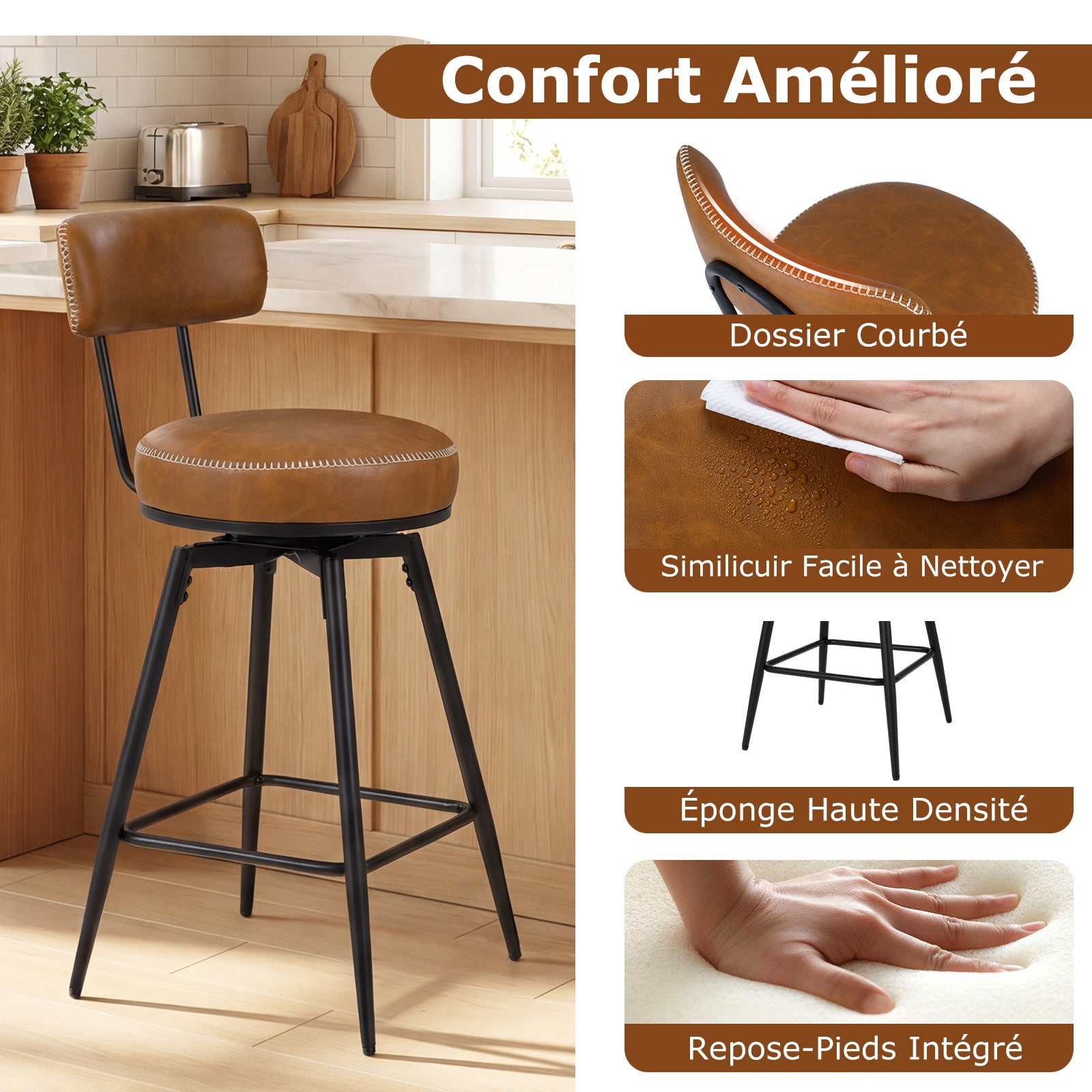Lot de 2 Tabourets Bar Pivotants, Chaises de Bar avec Dossier Rembourré, Repose-Pieds, Pieds en Métal, Hauteur d'Assise 73 cm, Marron - 7