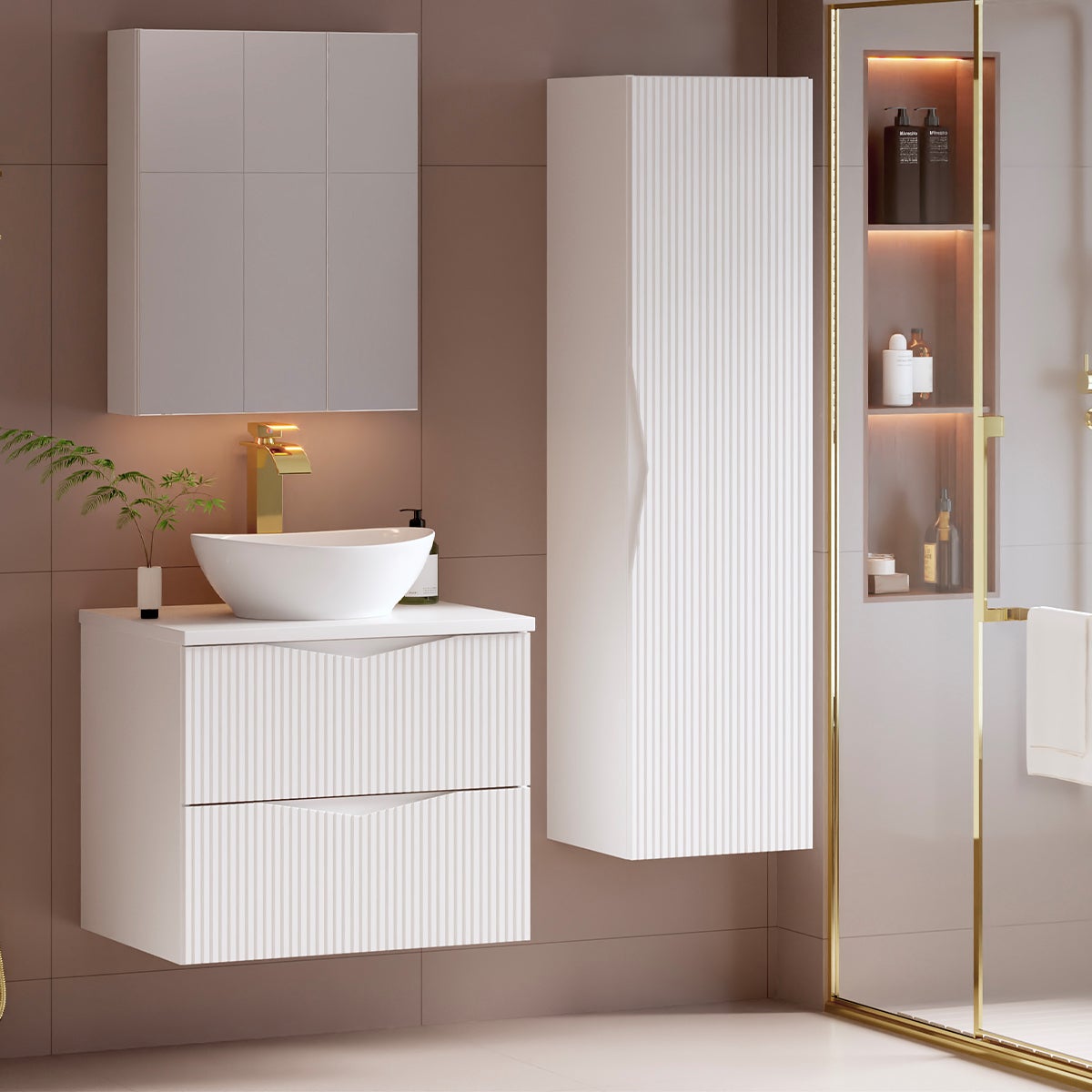 Szafka łazienkowa CLEO 60 cm biała z blatem wisząca 2 szuflady ryflowane fronty MDF - 3