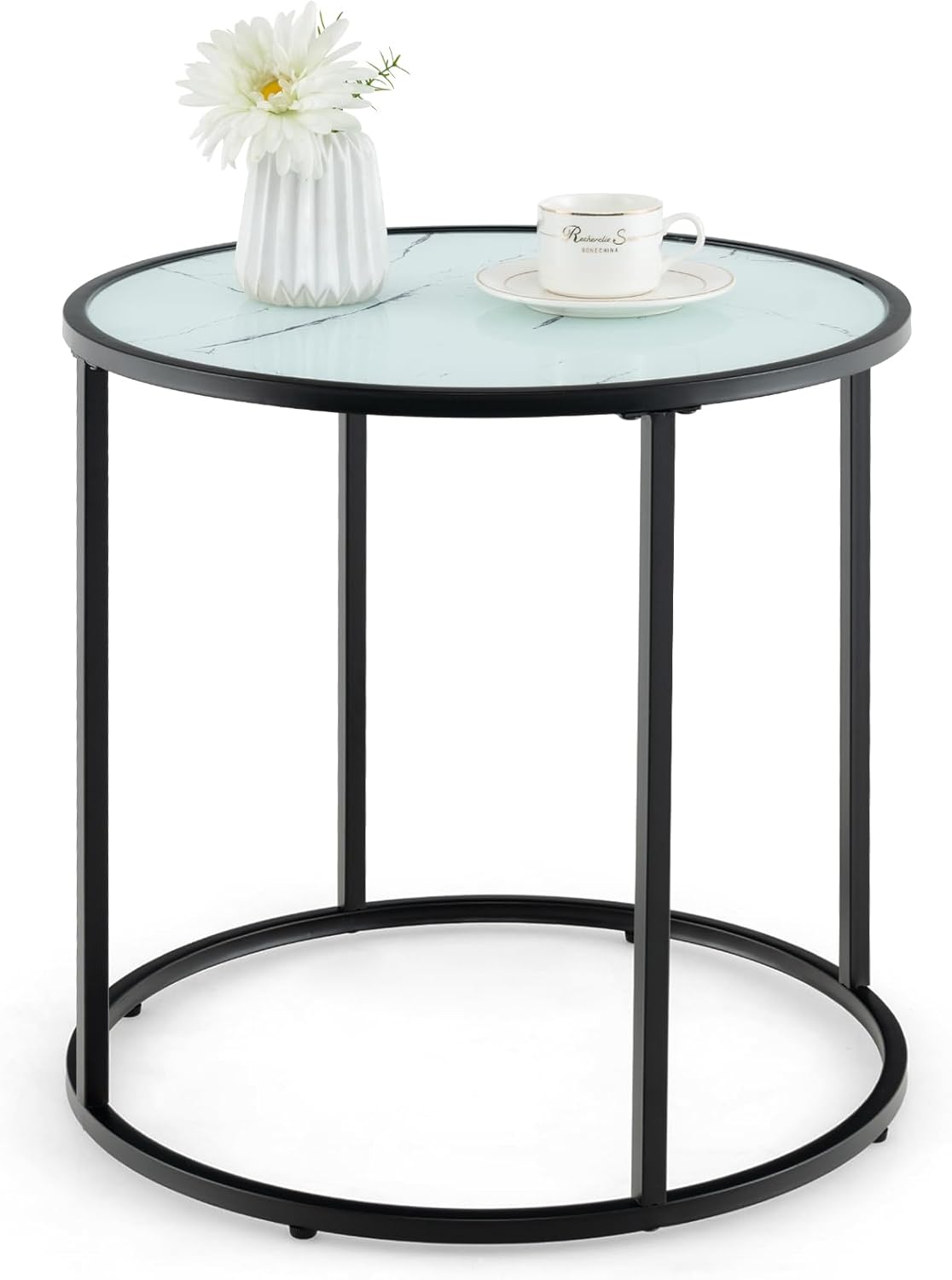 Stolik pomocniczy, okrągły stolik kawowy, imitacja marmuru, szklany blat i regulowane nóżki, mały stolik kawowy do salonu, sypialni, 50 x 50 x 50 cm