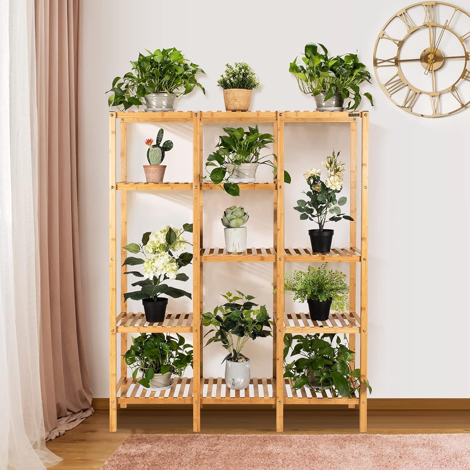 Support pour Plantes en Bambou à 5 Niveaux, Porte-Plante pour 12 Plantes en Pot Charge Total 50KG, Support de Rangement, 114 x 31,5 x 141 cm - 2