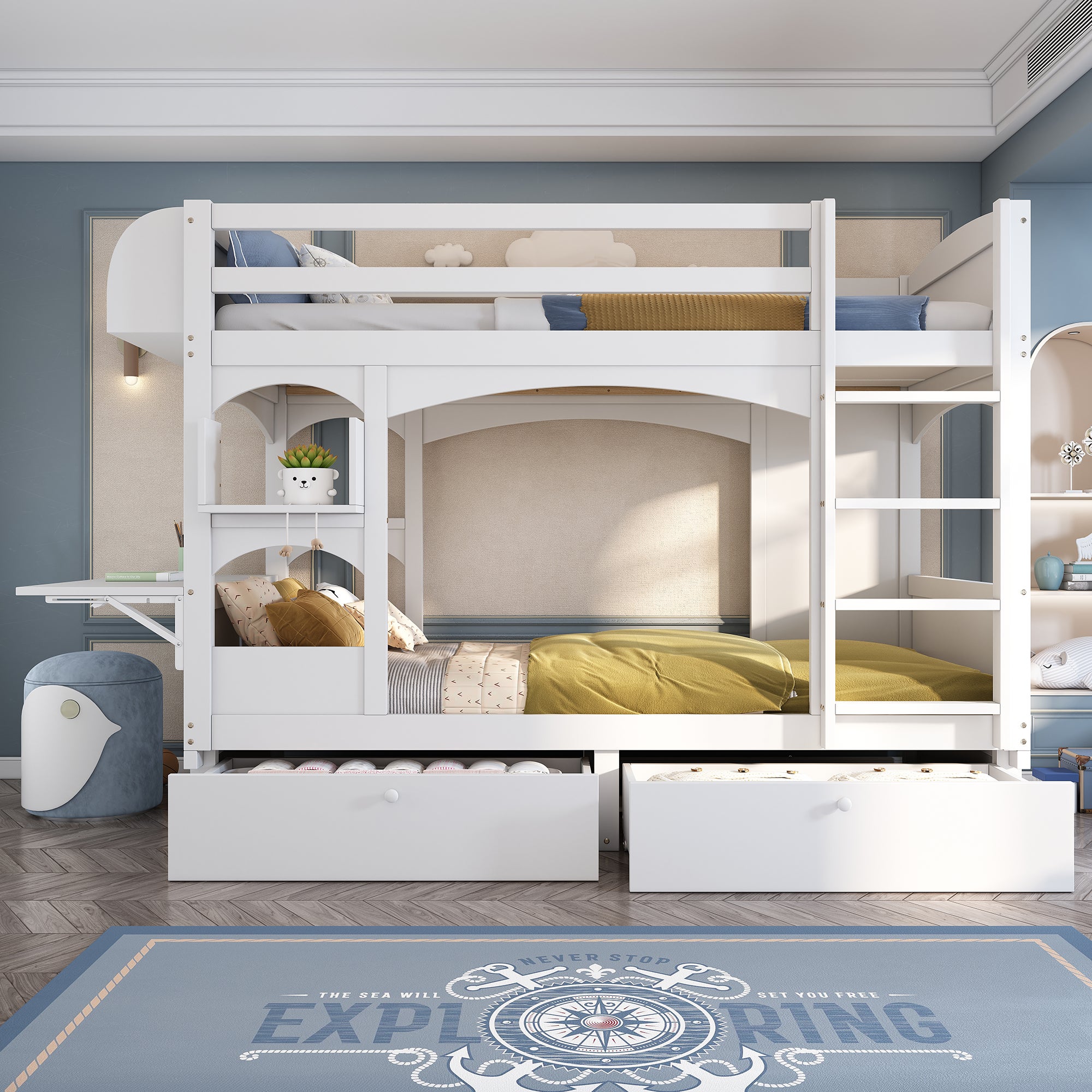 Lit superposé enfant multifonction 90x200 cm avec bureau rabattable et étagère,Échelle,2 tiroirs de rangement,blanc(sans matelas) - 2