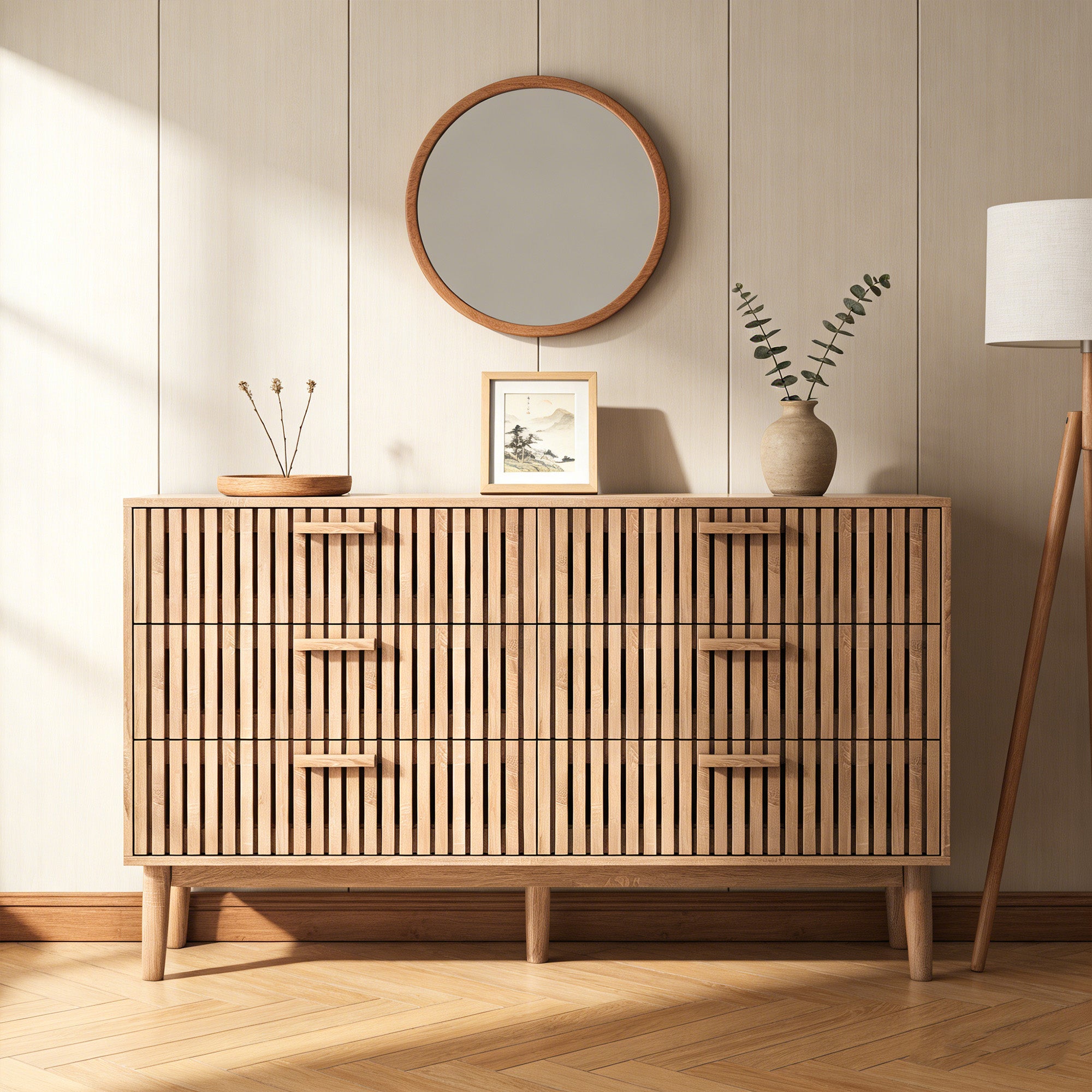 Commode avec 6 tiroirs, COZY, commode de chambre en bois, pieds en bois, 100x34x73 cm, Aspect bois, pour chambre salon, Bois clair - 2
