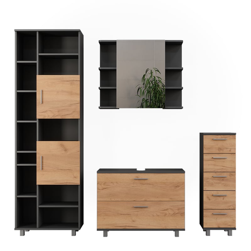 Vicco Zestaw mebli łazienkowych Ilias, Złoty dąb power/antracyt, 4 sztuki, z wysoką jednostką