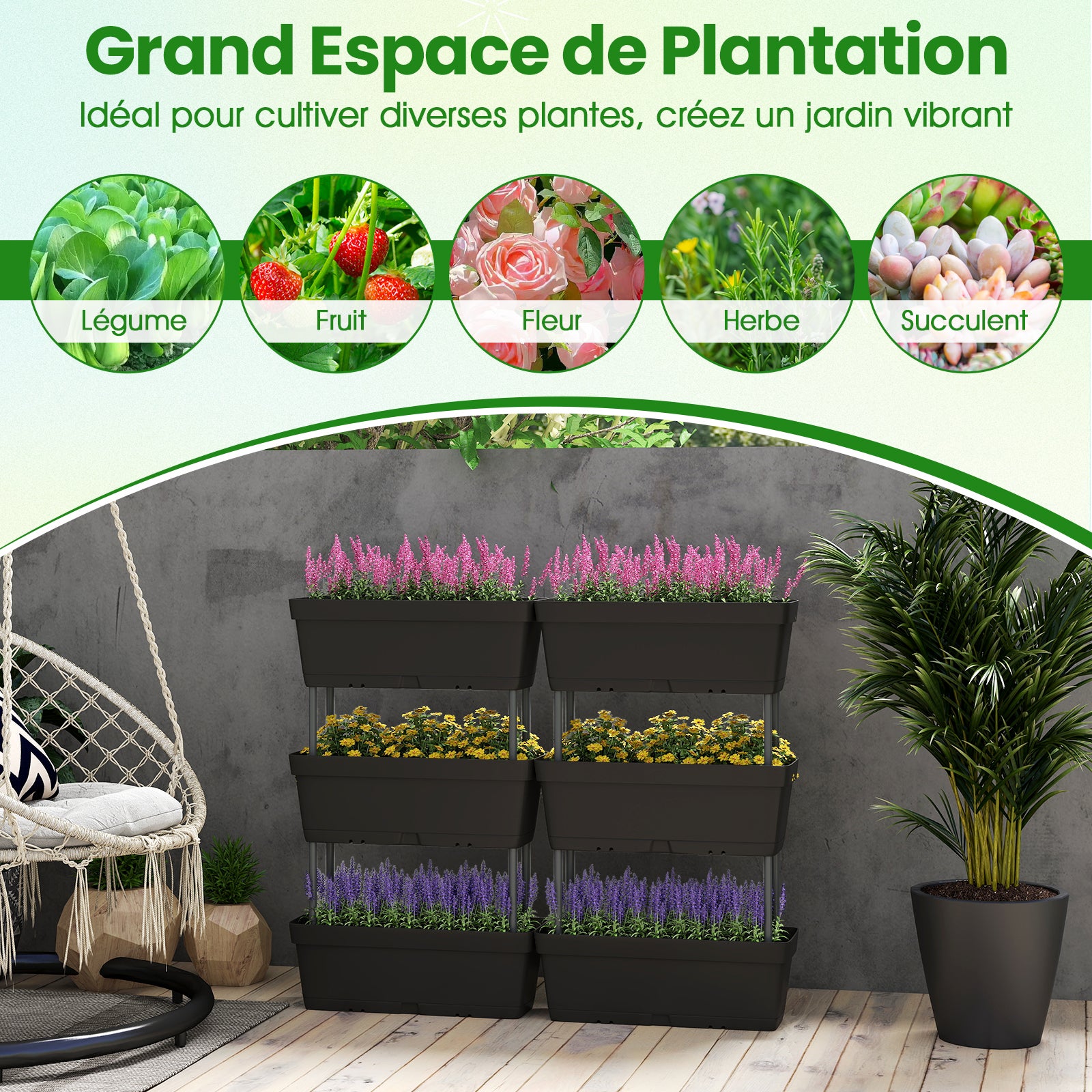 Jardinière Surélevée Vertical avec 6 Bacs de Plantation Trous de Drainage, Lit de Jardin Arrangement DIY pour Fruits Légumes Fleurs Herbes, Noir - 4