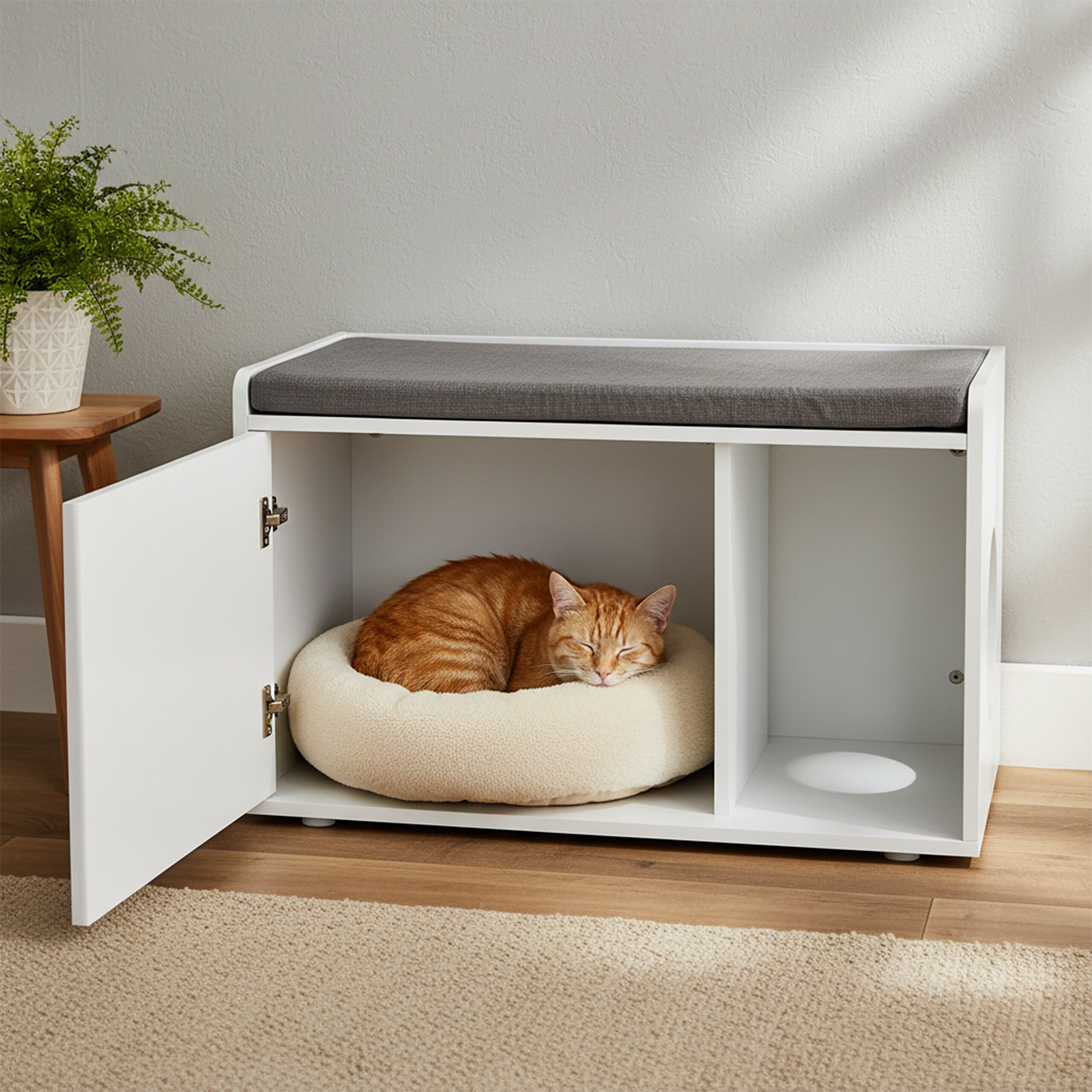 Armoire pour chat avec assise, 2 en 1 meuble litière et banc, HLP : 45,5 x 75 x 43 cm, blanc/gris, Relaxdays - 3