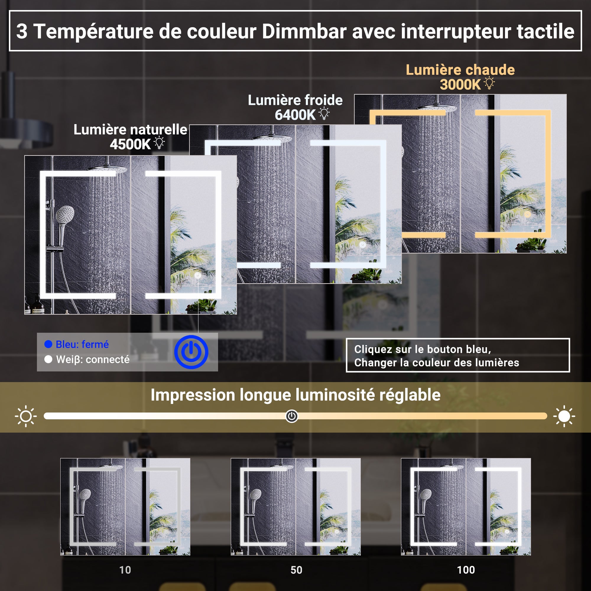 Armoire led 2p de toilette lumineuse, 80x13,5x60 cm, Armoire de salle de bain avec miroir, Interrupteur tactile, Étagère réglable, Dimmable, Blanc - 4