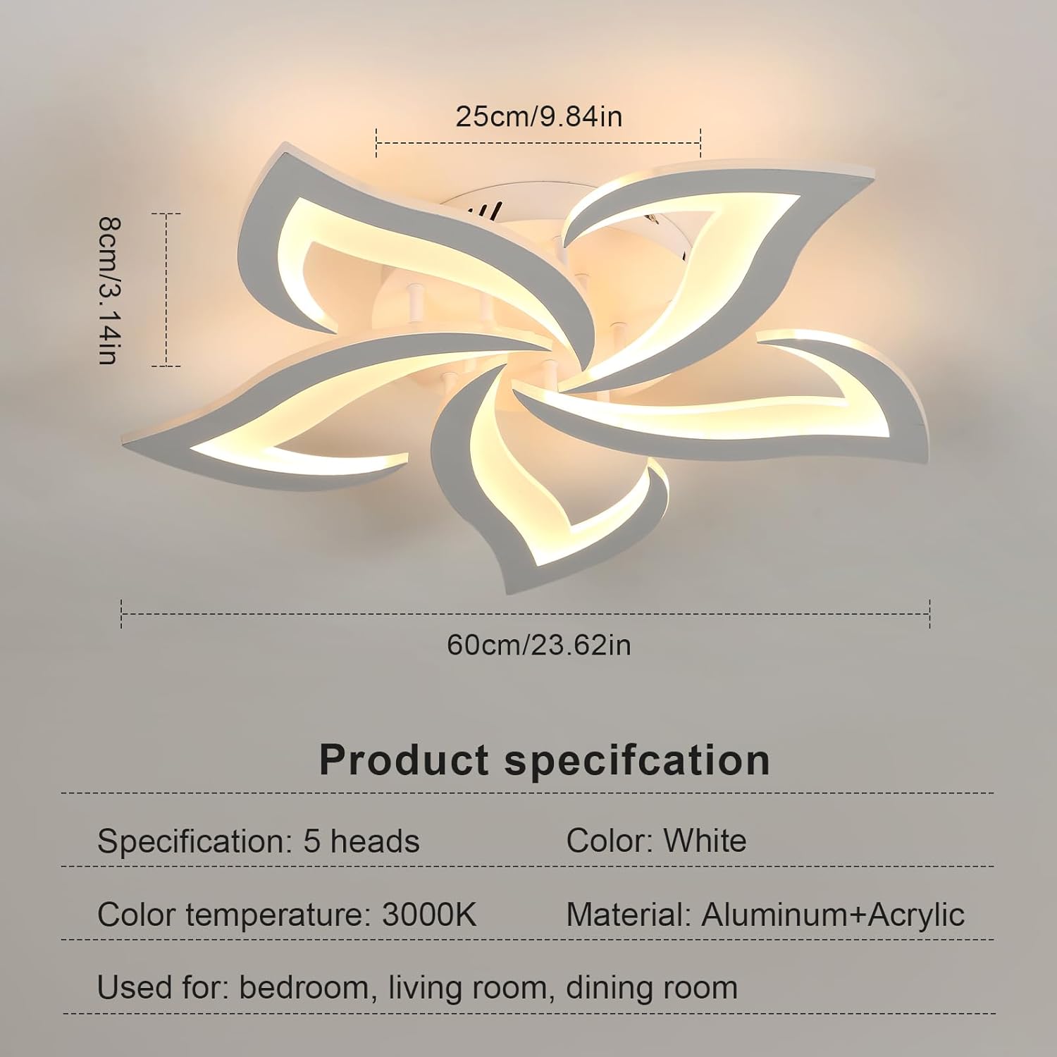 Plafonnier LED Moderne, 60W Lampe de Plafond Creative Fleur de Forme, 5 Têtes Luminaire Plafonnier en Acrylique pour Salon, Blanc Chaud 3000K, Blanc - 5