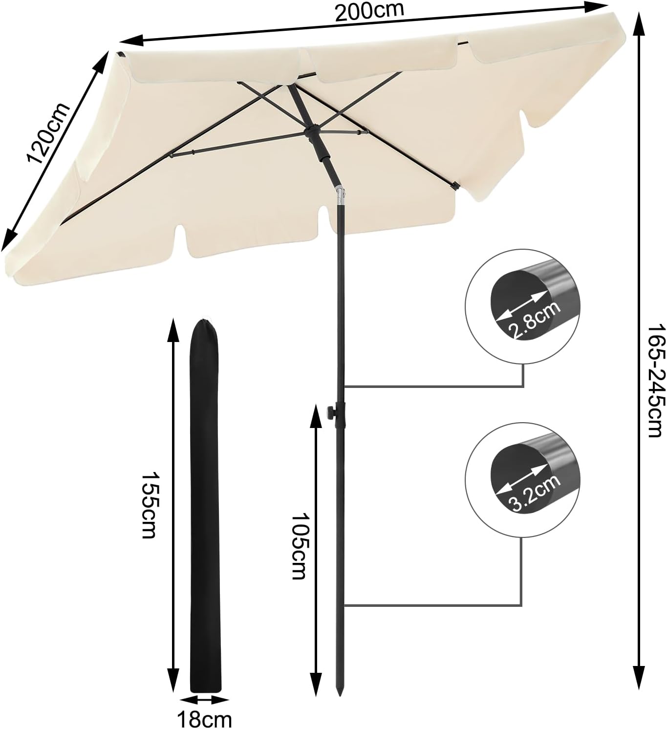 WOLTU Parasol de Jardin Extérieur, Parasol Plage, Parasol Rectangulaire Inclinable, Hauteur Réglable, Protection UV, 180g/m², 2x1,2m, Beige - 4