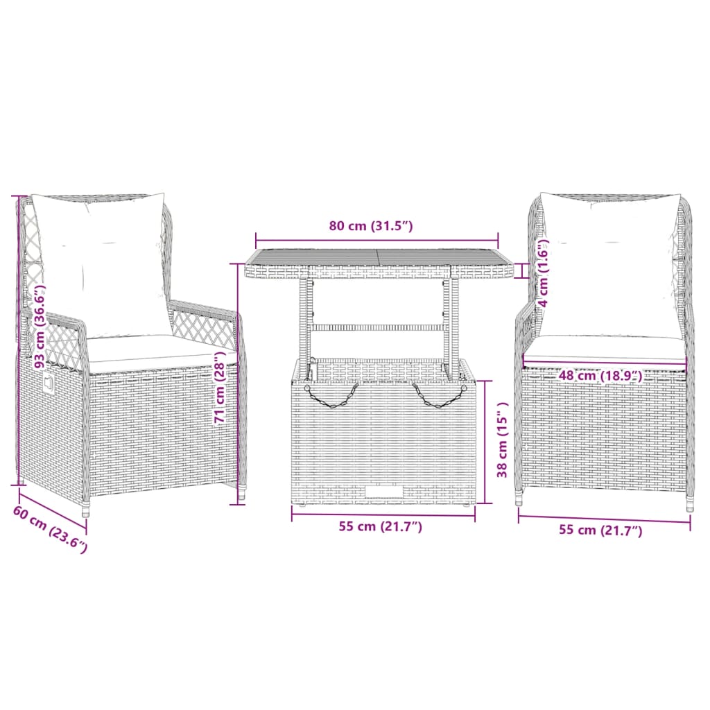 3 pcs conjunto de jantar p/ jardim | Móveis de jardim c/ almofadões vime PE cinza CFW310778 - 9