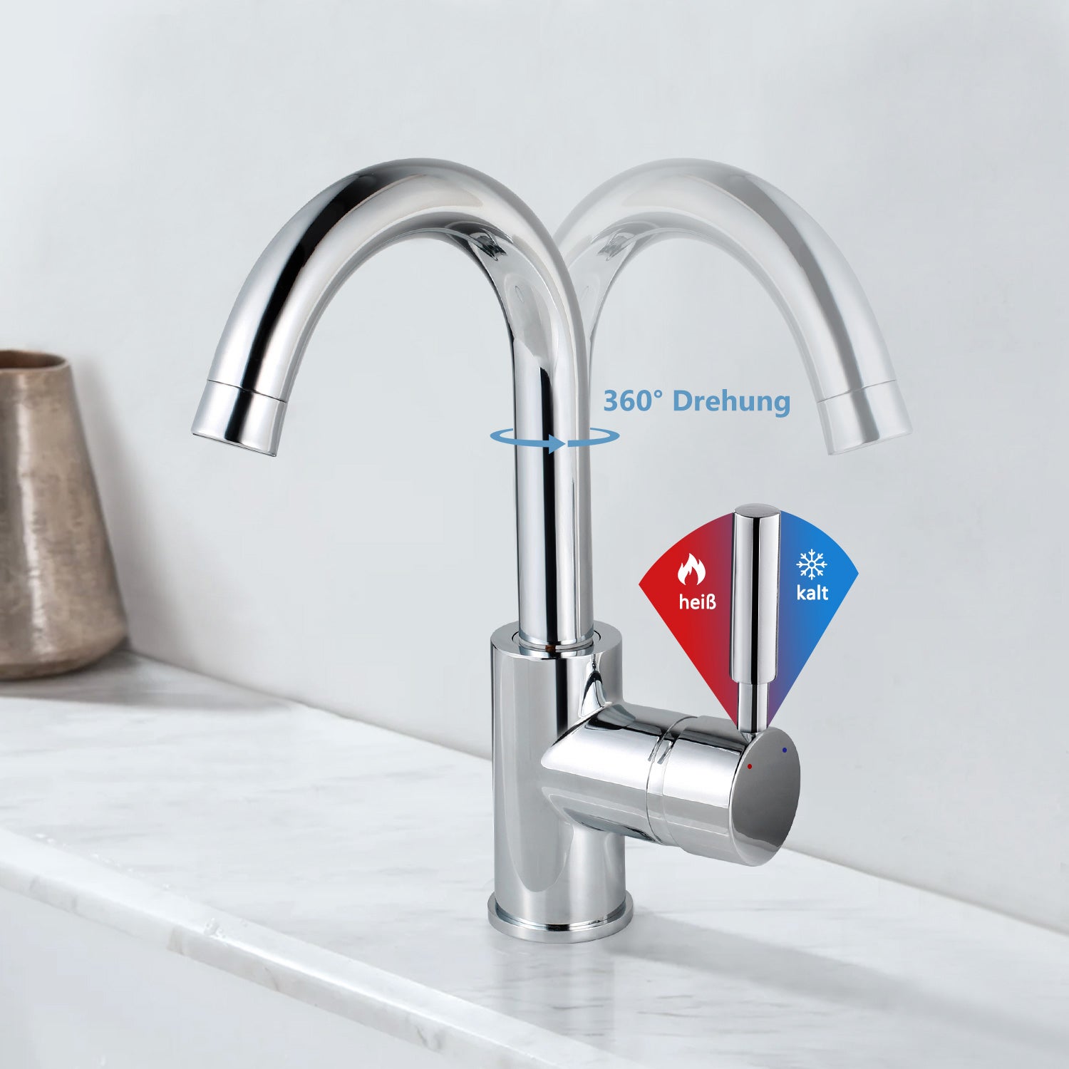 LOVHAUS Bateria umywalkowa, bateria łazienkowa, obrotowa 360°, mosiądz chromowany, bateria mieszająca wodę ciepłą i zimną