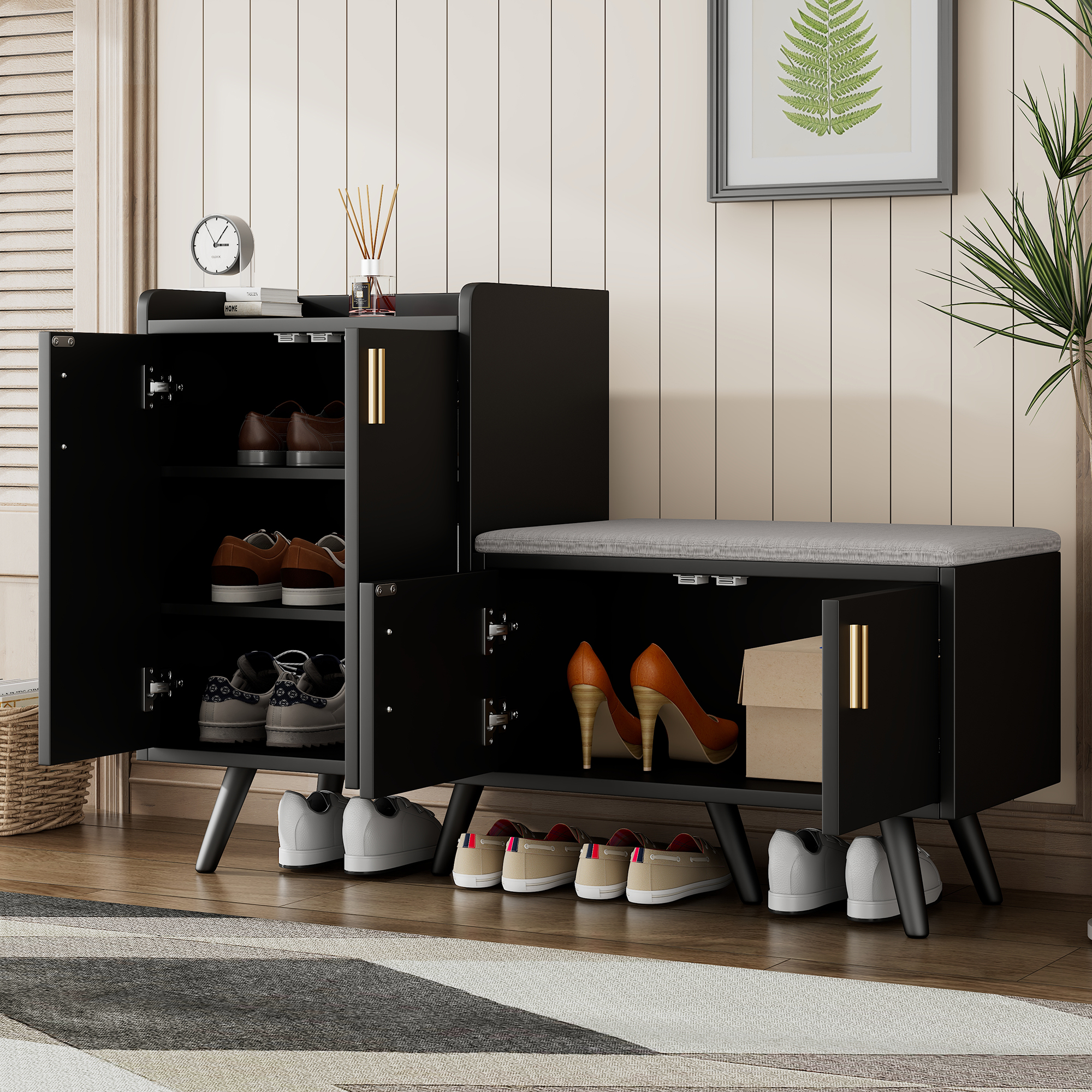 Banc à chaussures moderne avec 4 portes et coussin - pièds et poignées en métal - coloris noir - 120 x 34 x 82 cm - 2