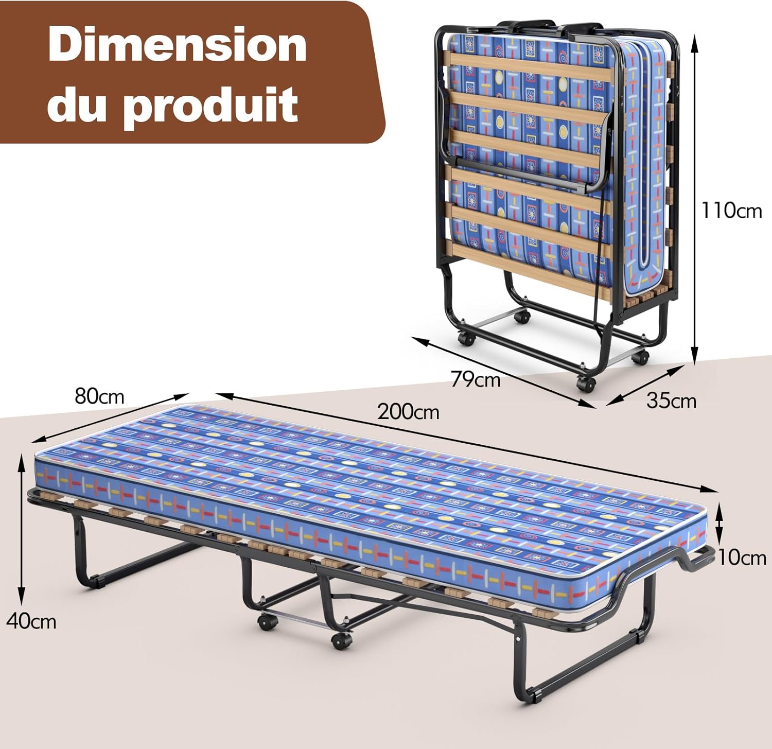 Lit pliant 1 prsonn, lit pliant adult avc matlas n mémoir 10 cm orthopédiqu,charg 130kg,blu au millur prix