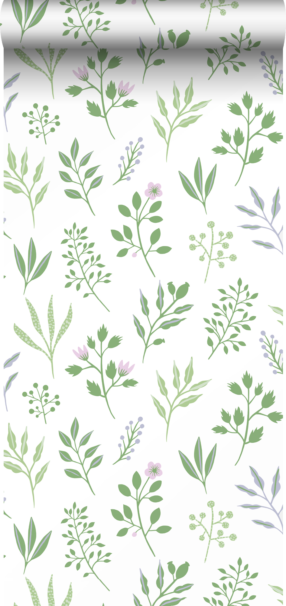 Papel pintado diseño floral en estilo escandinavo verde y morado lila - 50 x 900 cm - estahome