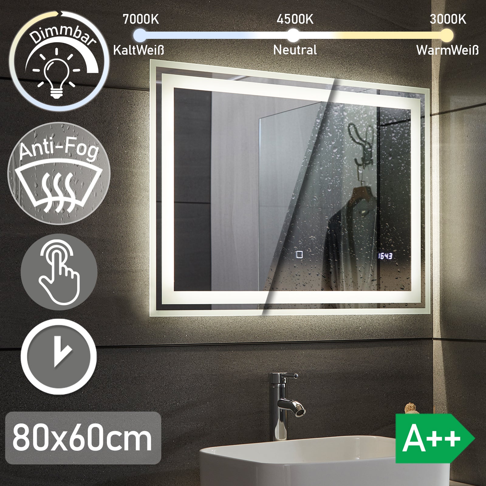 Espejo led para baño con función antivaho y reloj, iluminación