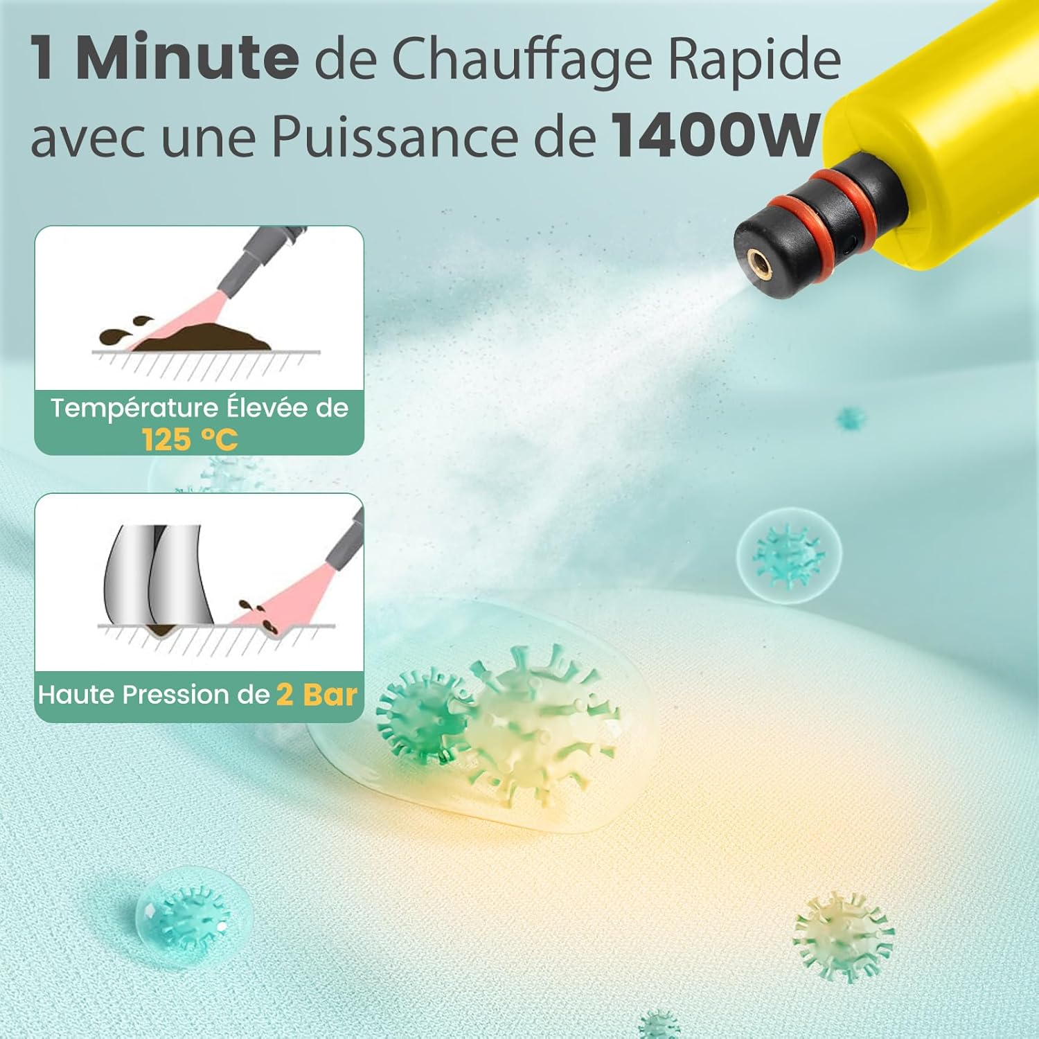 Ręczny Odkurzacz Parowy 1400 W, Zbiornik 400 ml, Blokada Bezpieczeństwa, Temperatura 125 °C, Przenośny Odkurzacz Parowy z 14 Akcesoriami, Kolor Żółty - 2
