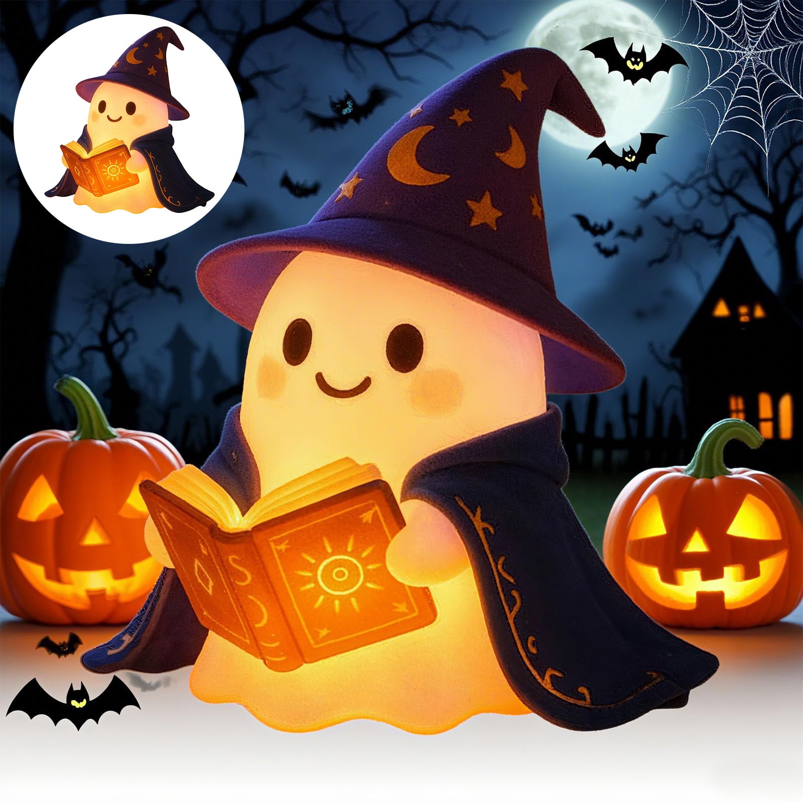 Lampa-duch na Halloween, lampka do czytania w kształcie ducha-magika, lampa dekoracyjna na kominek, 12 cm, ciepłe światło