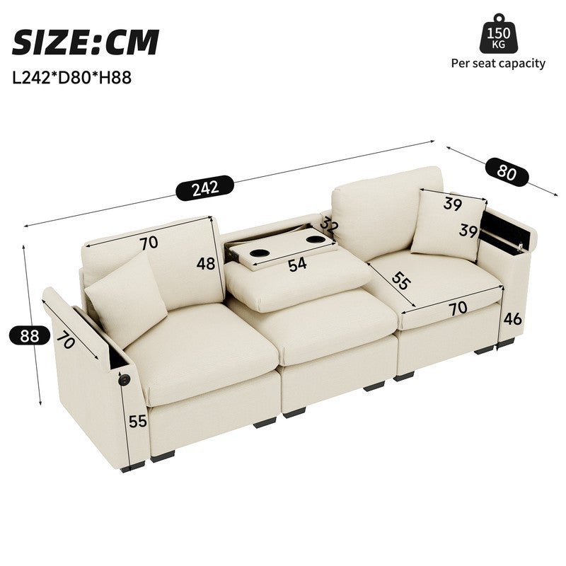 Canapé 3 places moderne - avec coussins et table pliante - comprend des ports USB et un porte-gobelet - beige - 4