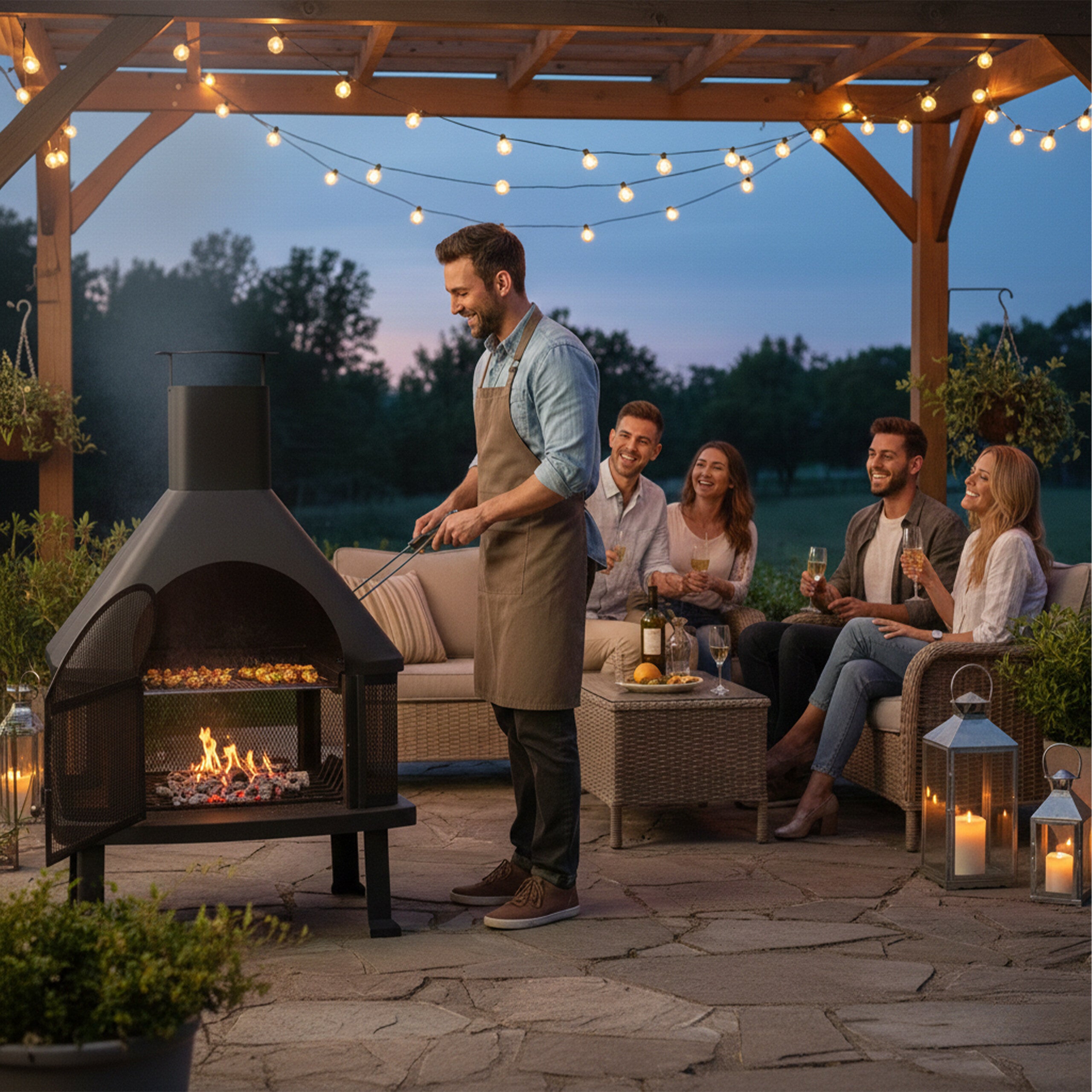 cheminée de terrasse avec grill, Protection contre étincelle, tisonnier, massif, acier, 110x63x51 cm, noir, Relaxdays - 2
