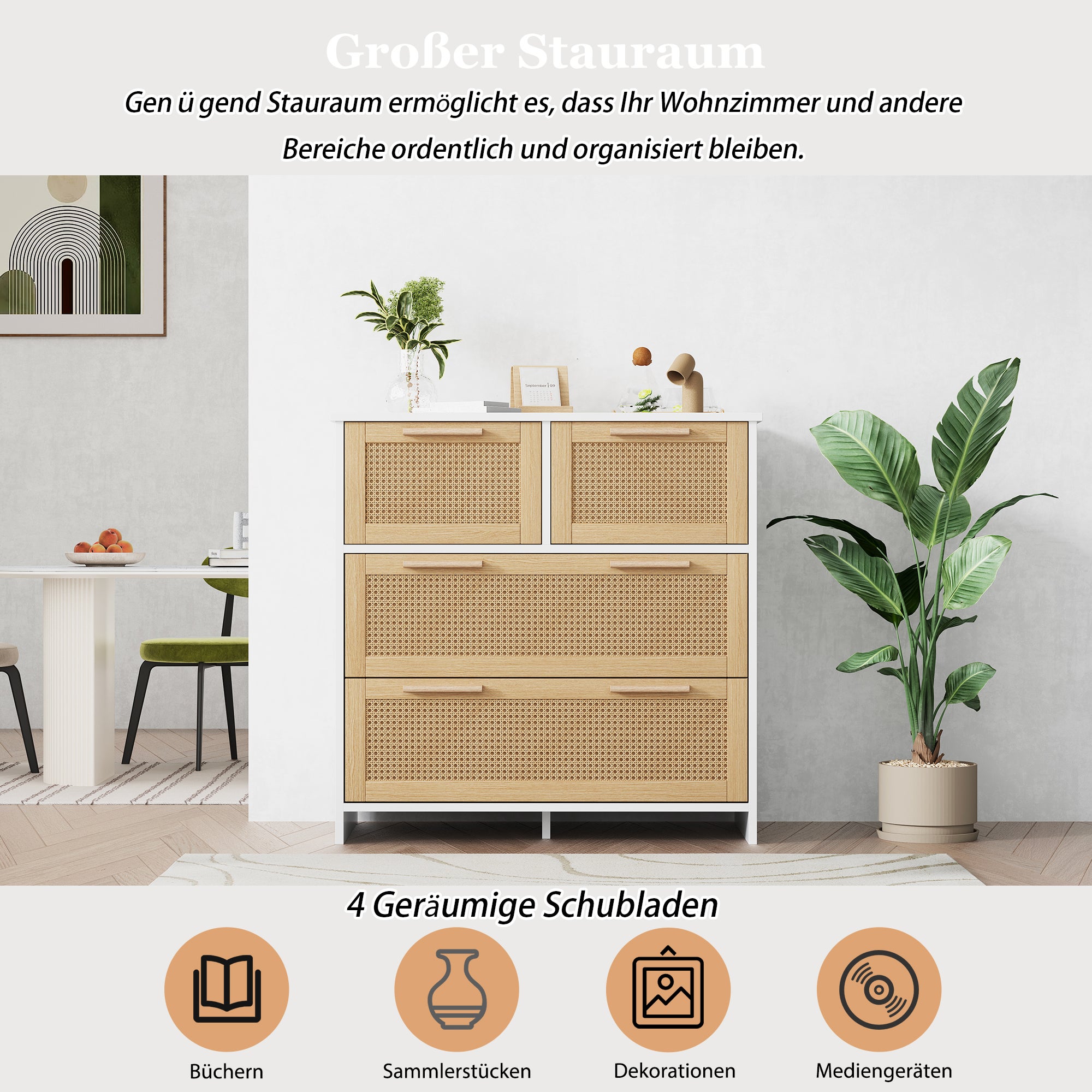 Commode avec 4 tiroirs - poignées en bois massif - effet rotin - coloris blanc+ chêne - 80 x 38 x 80 cm - 7