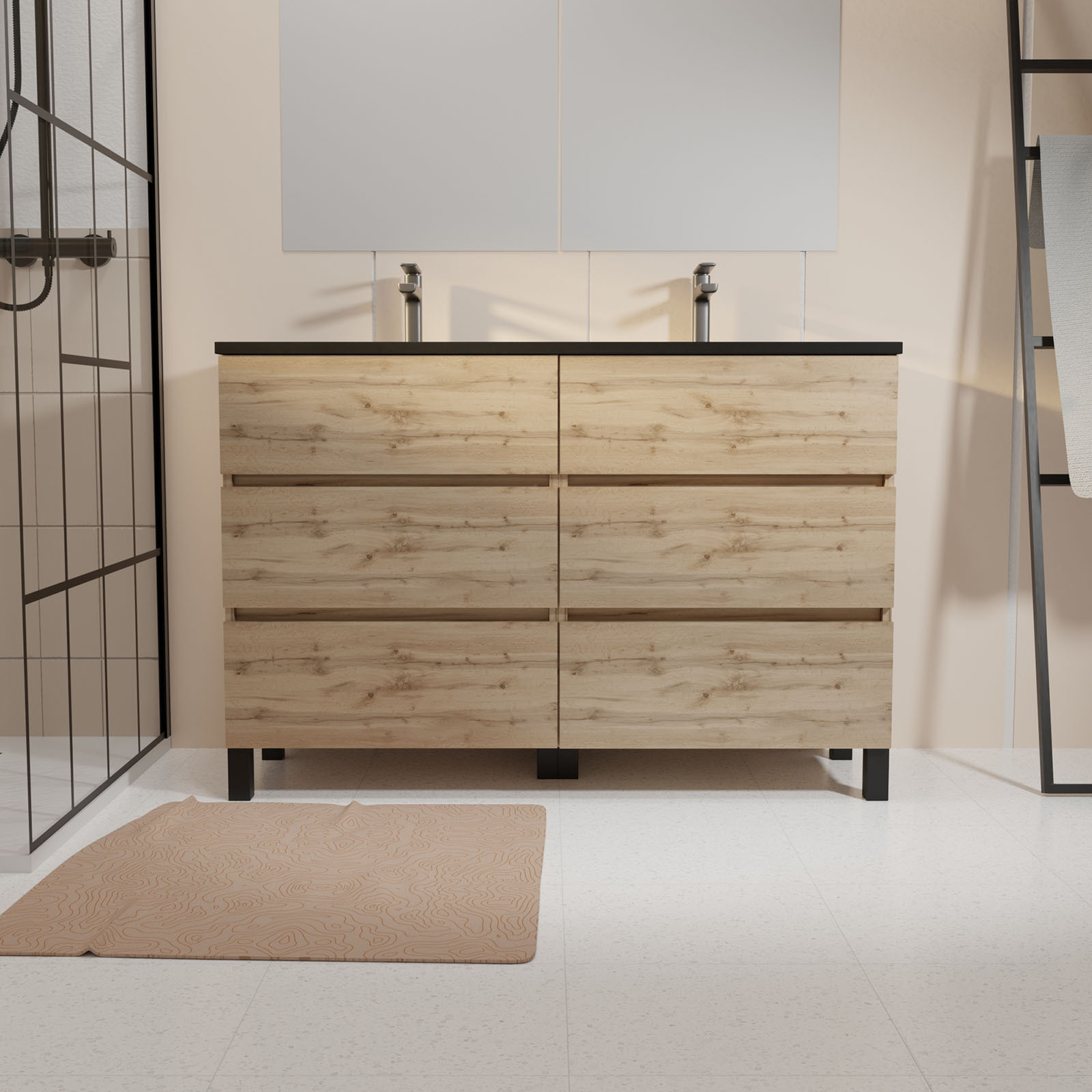 Meuble de salle de bains 120 cm 6 Tiroirs Chêne Naturel + Vasque Double Céramique Noire - TIMBER - 6