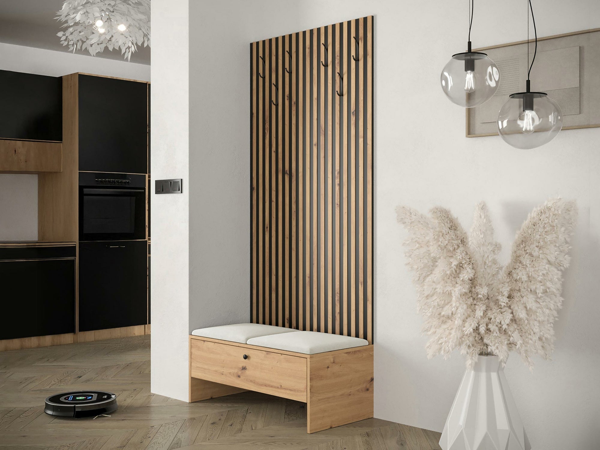 Meuble d'entrée Donio IV, 206x85x44cm, Noir, Chêne Artisan, Stratifié, Tissu, À poser - 2
