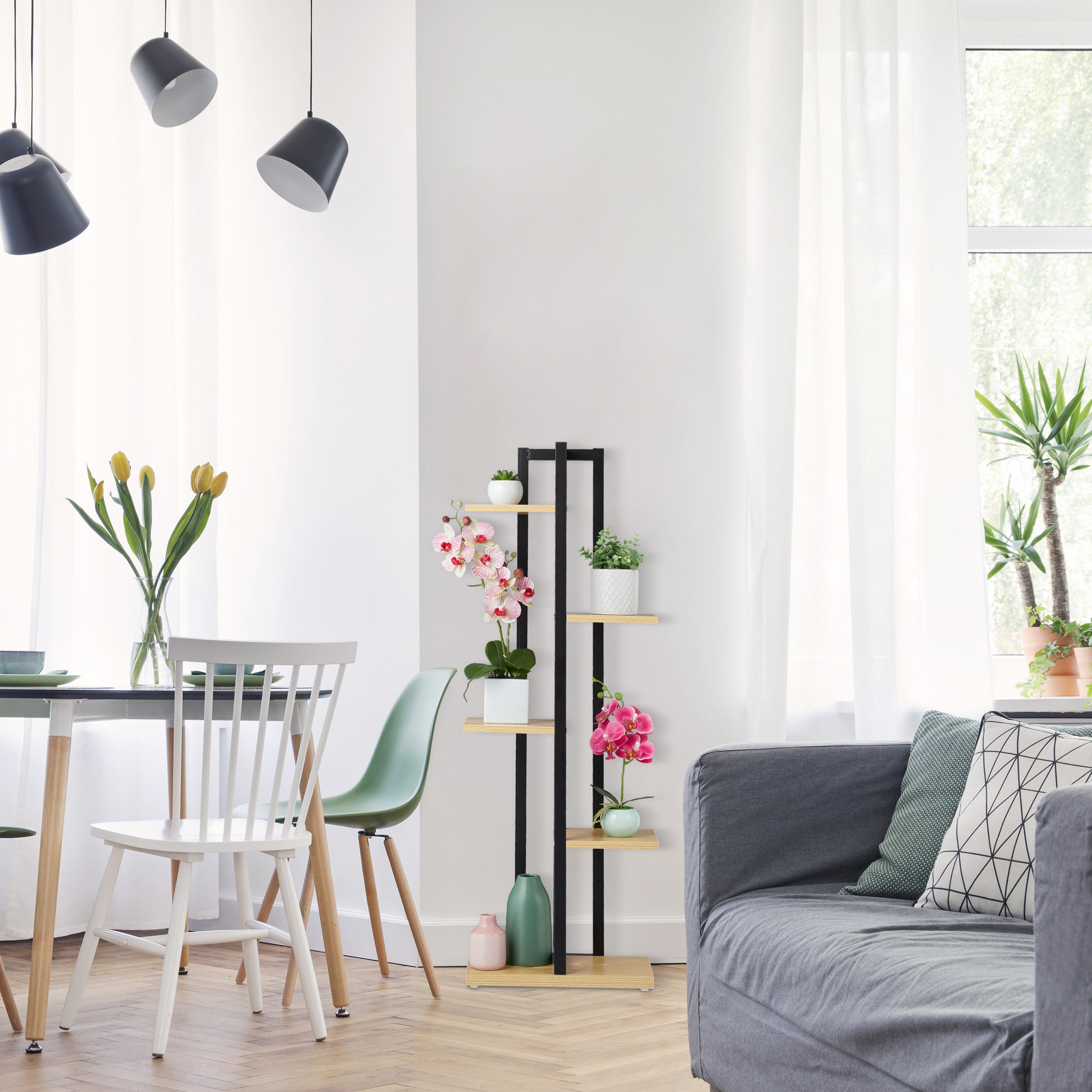 Étagère à plantes, escalier fleurs, 5 niveaux, HLP 117 x 43 x 22 cm, acier MDF, support intérieur, blanc, Relaxdays - 5