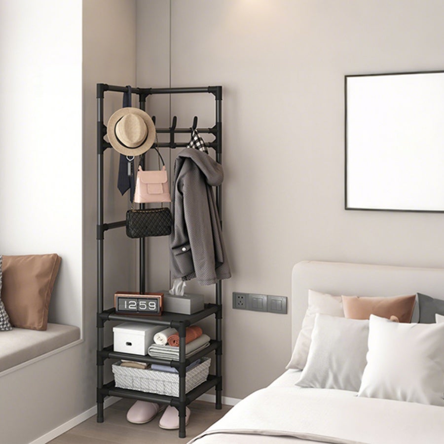 MINICLOSS Étagère rangement efficace pour vêtements, porte-chapeaux d'angle mural peu encombrant, étagère rangement à plusieurs niveaux avec crochets - 5