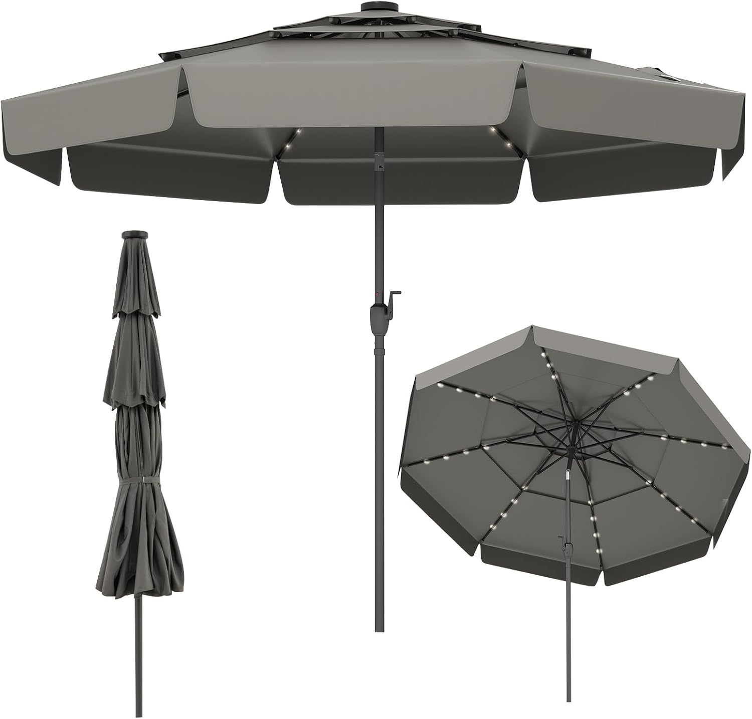 Parasol Ogrodowy Zewnętrzny 3, Parasol Balkonowy z Regulacją Nachylenia, Korba, 32 Diody LED, 3-warstwowa Czasza, 8 Żeber, bez Podstawy, Szary