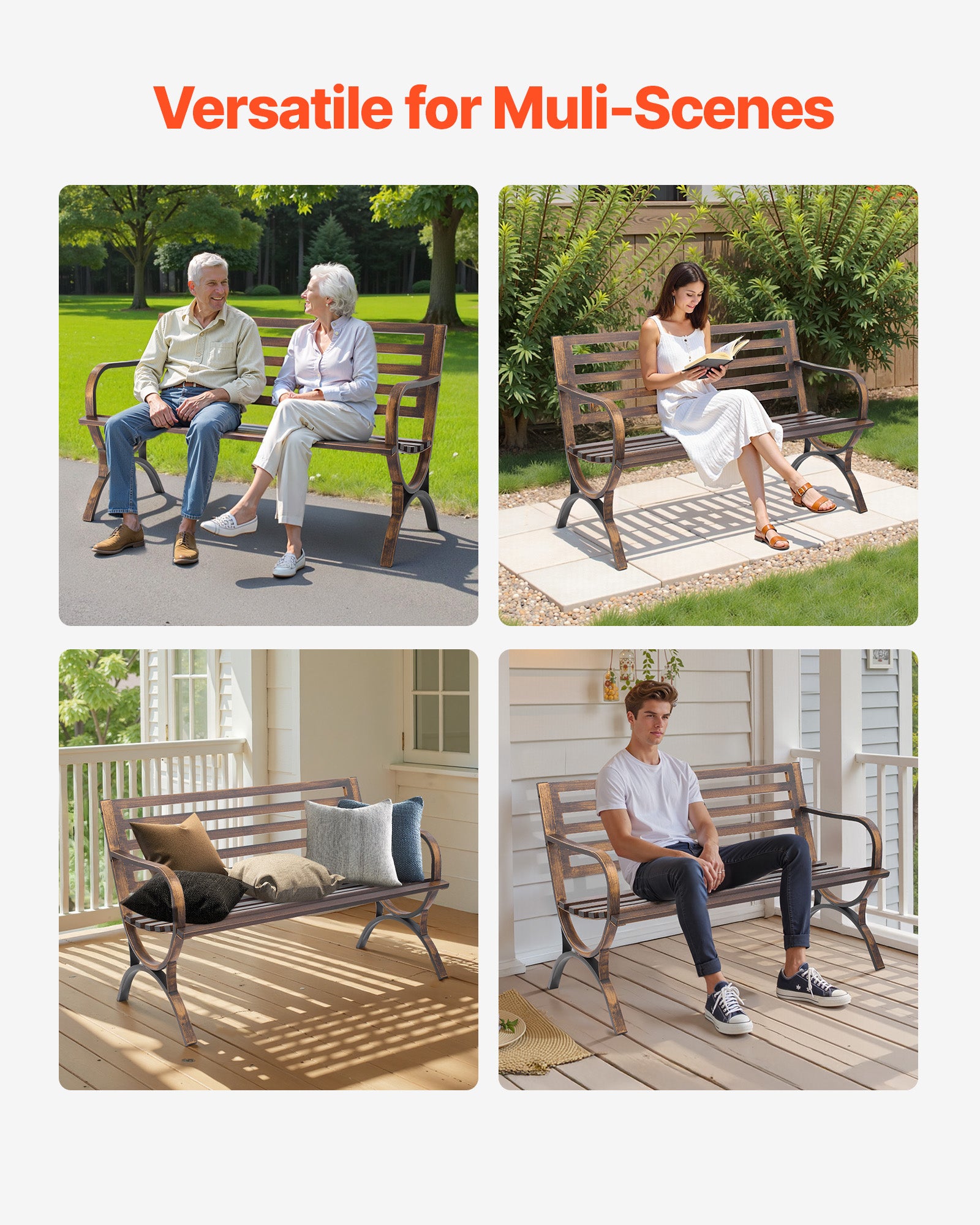 Banc jardin,VEVOR 127 cm,en acier carbone avec dossier lattes,accoudoirs bords arrondis,résistant intempéries pour terrasse,parc,bronze antique - 6