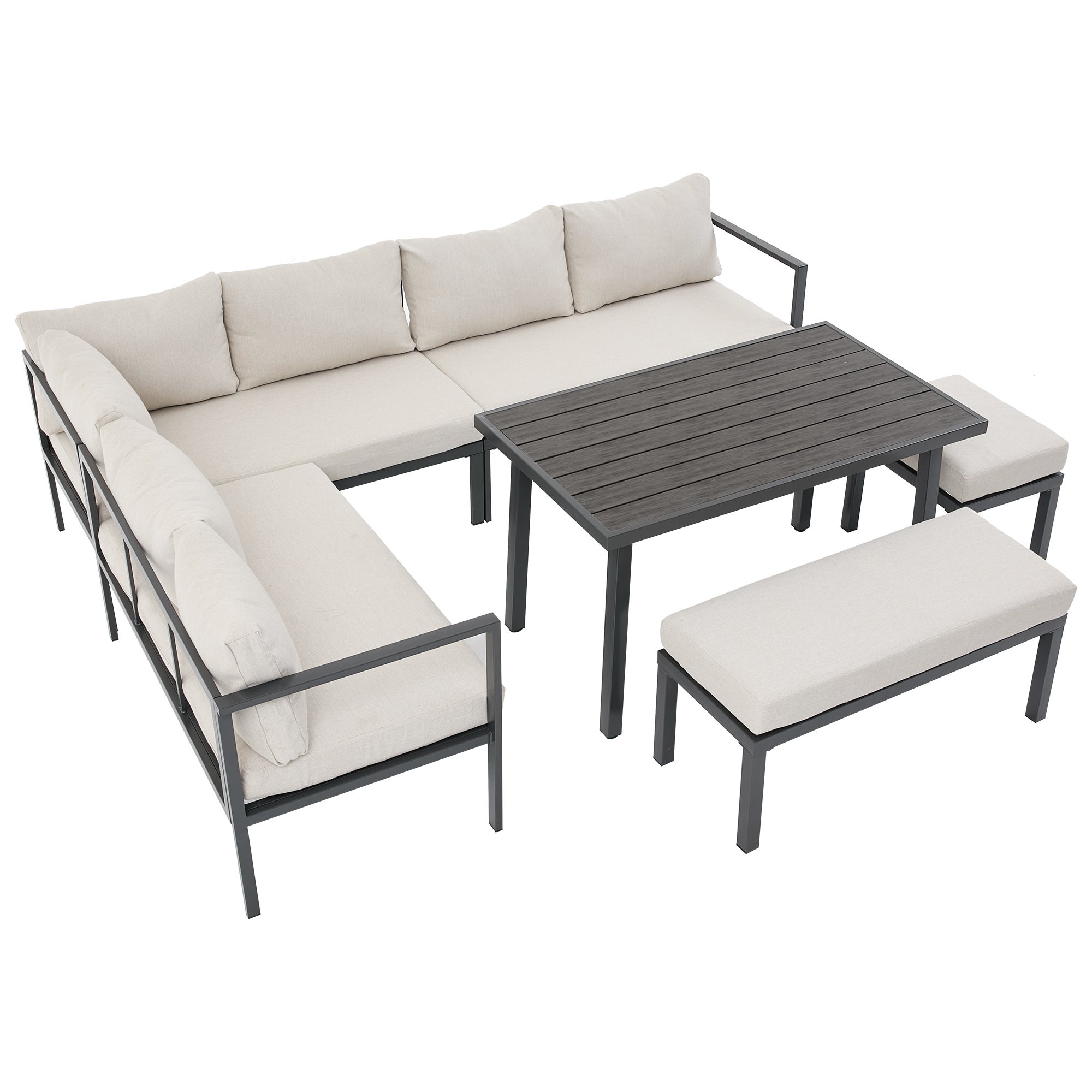 Salon de Jardin 8 Places - Canapé 6 Places + Banquette + Fauteuil + Table WPC - Structure Acier Galvanisé - beige - 9