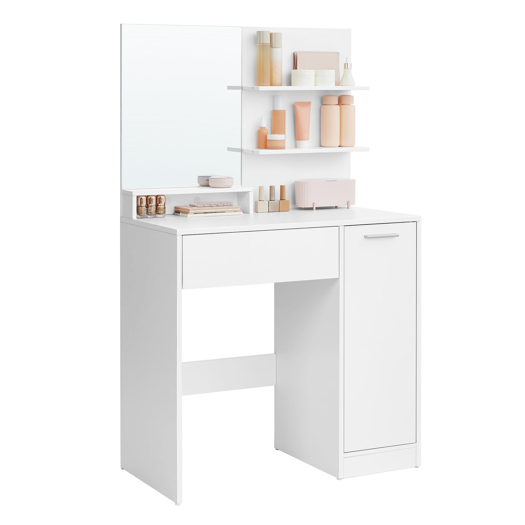 Coiffeuse, Avec Miroir Avec Étagères, 1 Tiroir, 1 porte avec 2 Étagères, blanc, 80 x 40 x 132 cm, Sans tabouret - 7