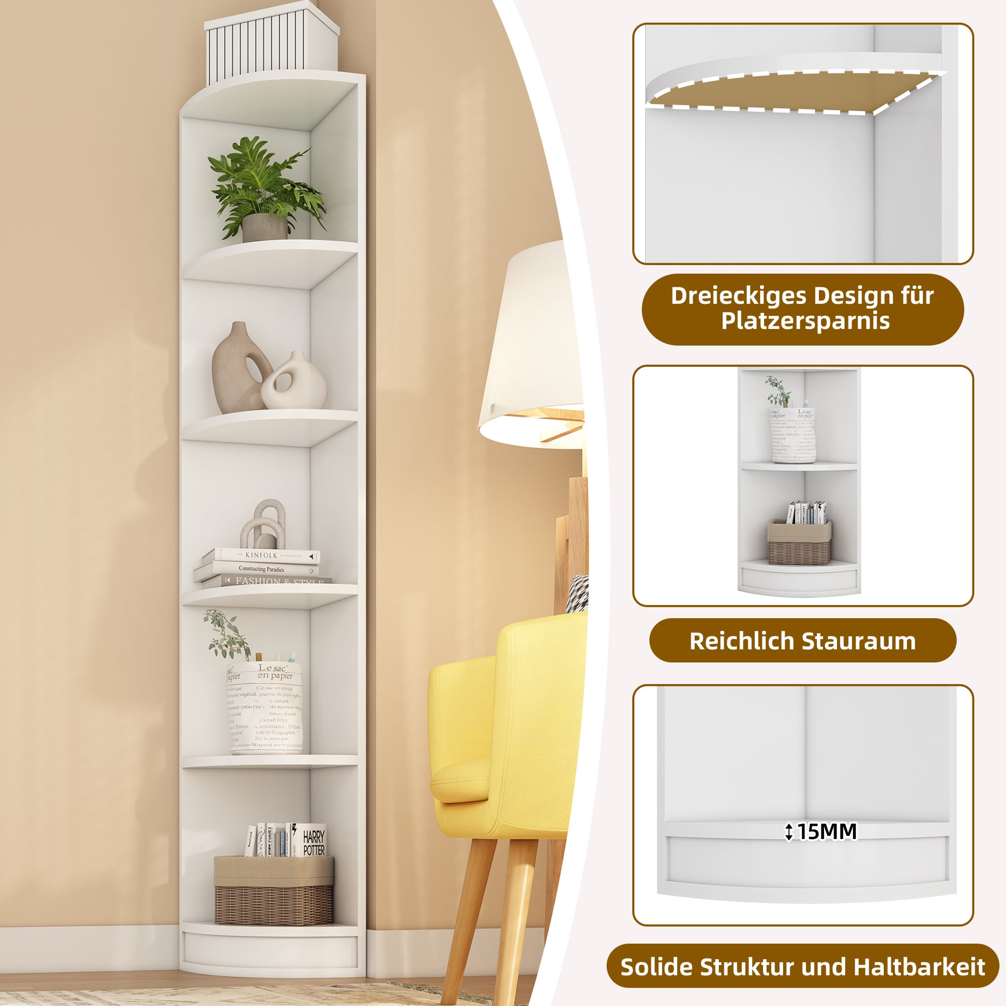 Librería de esquina con 5 estantes - 42 x 30 x 180 cm - MDF - Blanco - 6