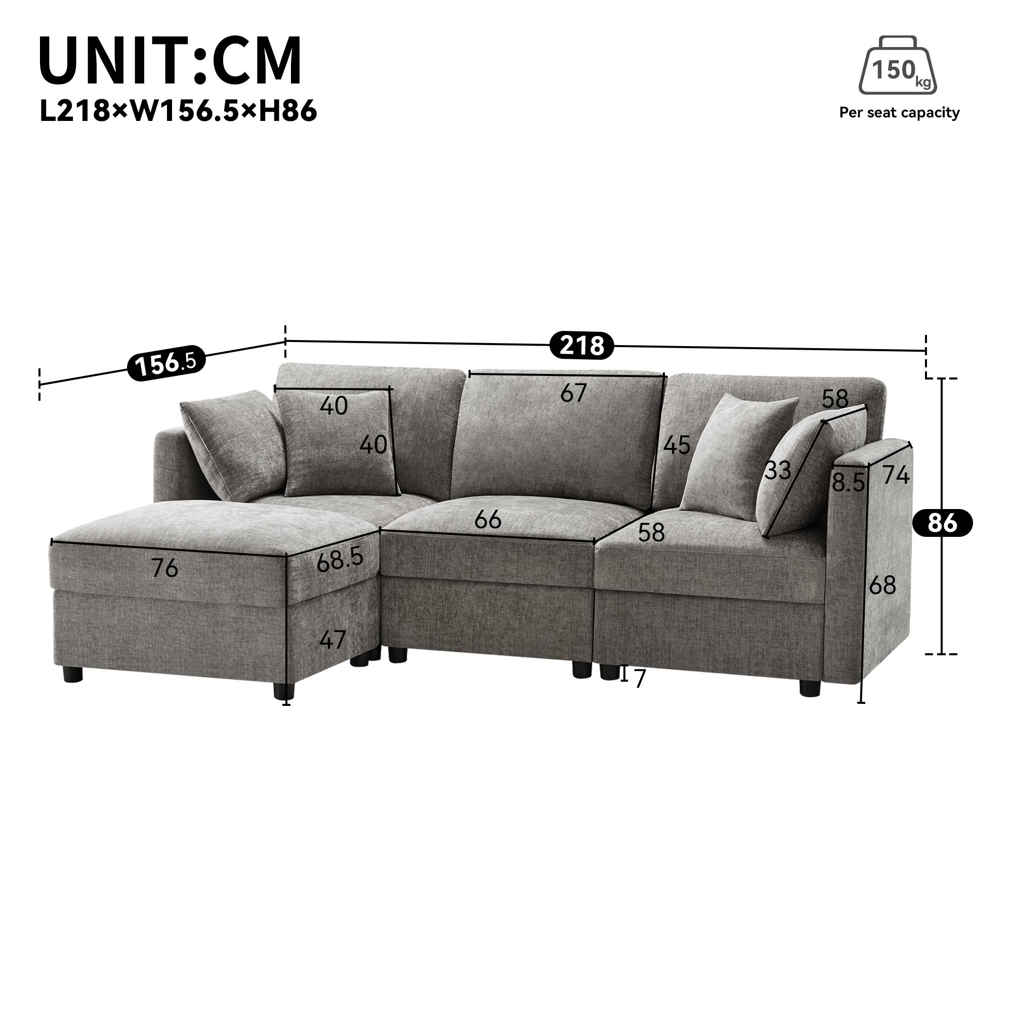 Narożna sofa w kształcie litery L - 3-osobowa - z podnóżkiem - 4 poduszki - regulowane podłokietniki - szara - 6